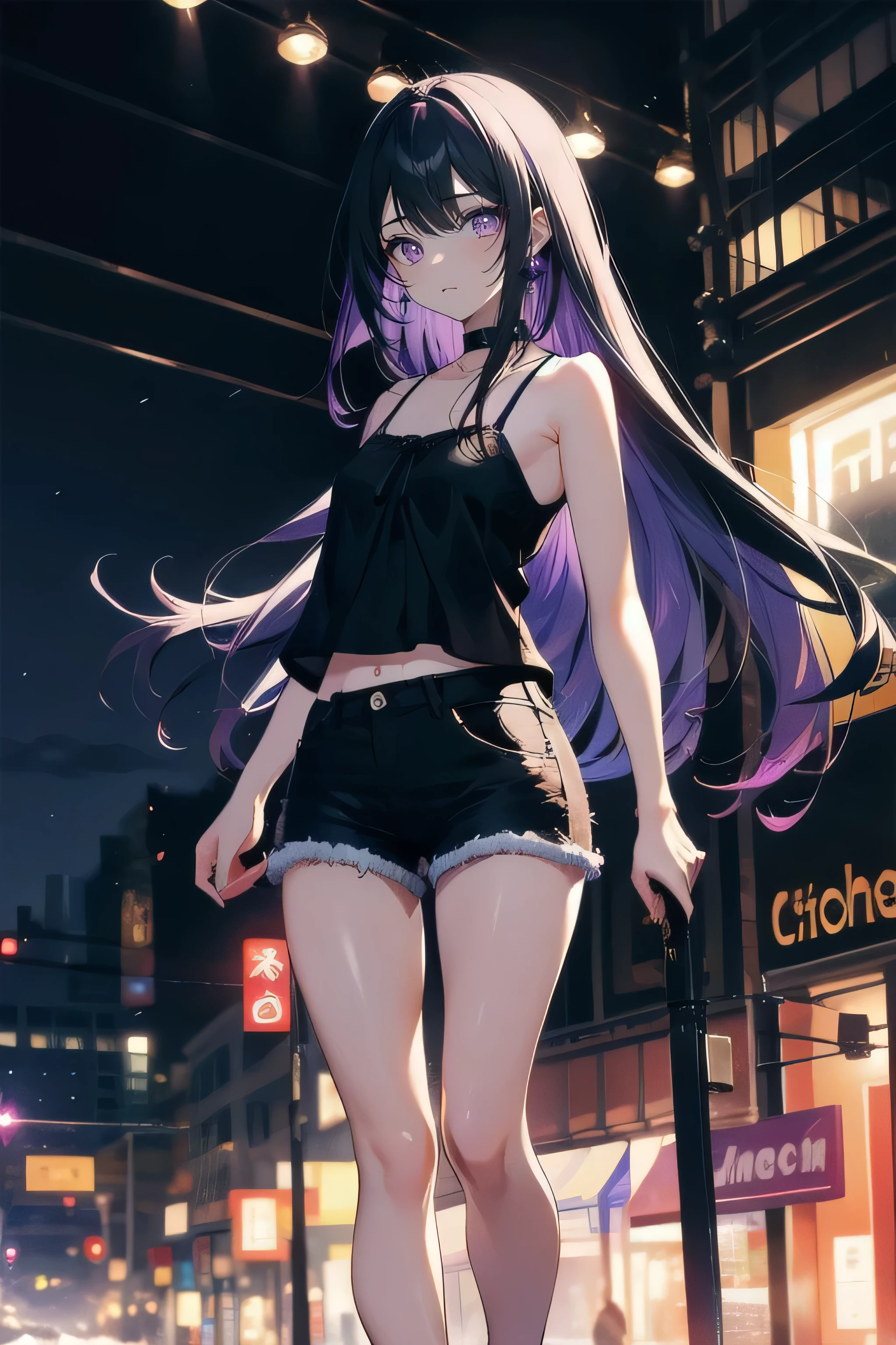 (masterpiece), (best quality), ultra detailed, finely detailed color, cenematic painting, bishoujo, model, ((one lady)), ager, cute face, black hair, absurdly long hair, straight hair, (violet eyes:1.2), purple eyes, walking, chocker, ((black camisole)), sleeveless, bare legs, short jeans, inexpressive, slender body, small chest, urban, street, city, night