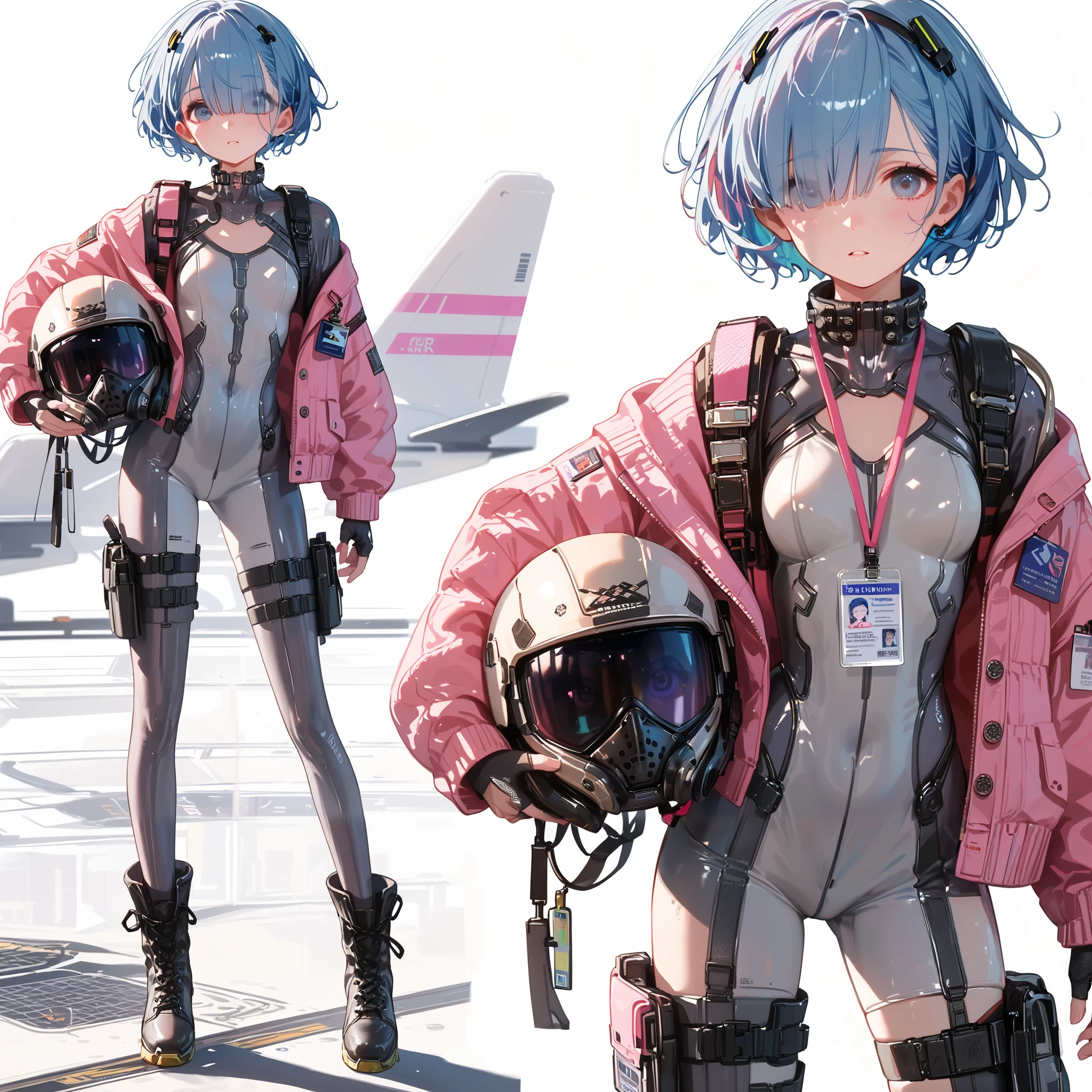 (Masterpiece, Top Quality), (Fine Hair), Ultra-Detailed, Anime like illustration Style, Solo, Full Length, cyberpunk pilot girl, sky blue hair and eyes, hair over one eyes, short hair, pink woolen cardigan and Body-Fitting Grey-Thin Suit, held helmet, wearing thick-soled boots, ID card around neck, slender figure, White background, standing full length,