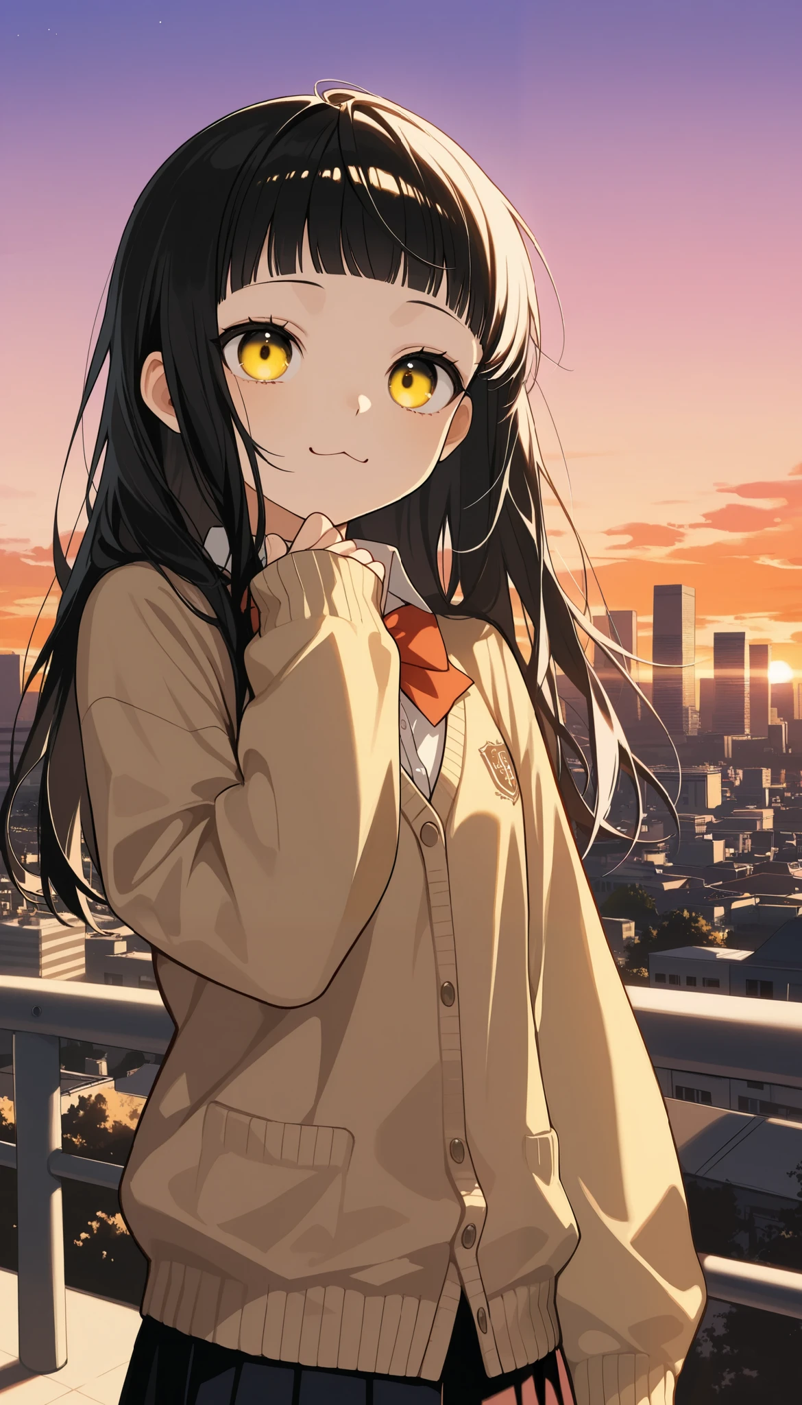  One Girl, solo, (Twilight Sky), Stand and wave, School Area,  cityscape , scenery, School Cardigan , ( sleeves are longer than wrists), Strong Loafers,  black hair, princess hair ,  short bangs, pailyellow eyes,  my eyes are a little bit hot, blunt bangs,   beautiful dark eyes  ,  upper body, :3,  best quality, masterpiece
