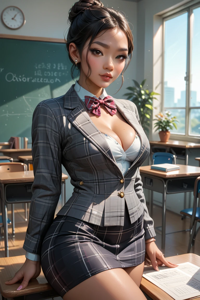 "A girl is squatting in the classroom. She has brown hair and tight abdominal muscles. She puts her hands behind her back and opens her legs in an M shape. She is wearing a business uniform. The library is in the background. Pay attention to the details of the picture, especially the details of the eyes , emphasizing realism. This official art Unreal 8k wallpaper is a super detailed, beautiful and aesthetic masterpiece, the best quality. The use of dynamic angles shows the elegance and romanticism of the image. The character has big breasts, no panties and a camel toe shape." --auto --s2