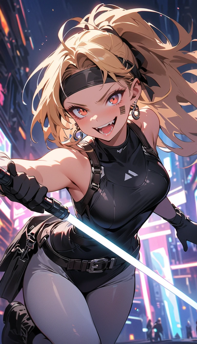(masterpiece, best quality:1.2), Blue glowing eyes, perfect face, highres, 1 girl, solo, ultra long ponytail, (female:1.5), strife, blonde hair, shoulder armor, sleeveless turtleneck, suspenders, belt, gloves, bracer, evil smile, standing, portrait, looking at viewer, giant sword on the back