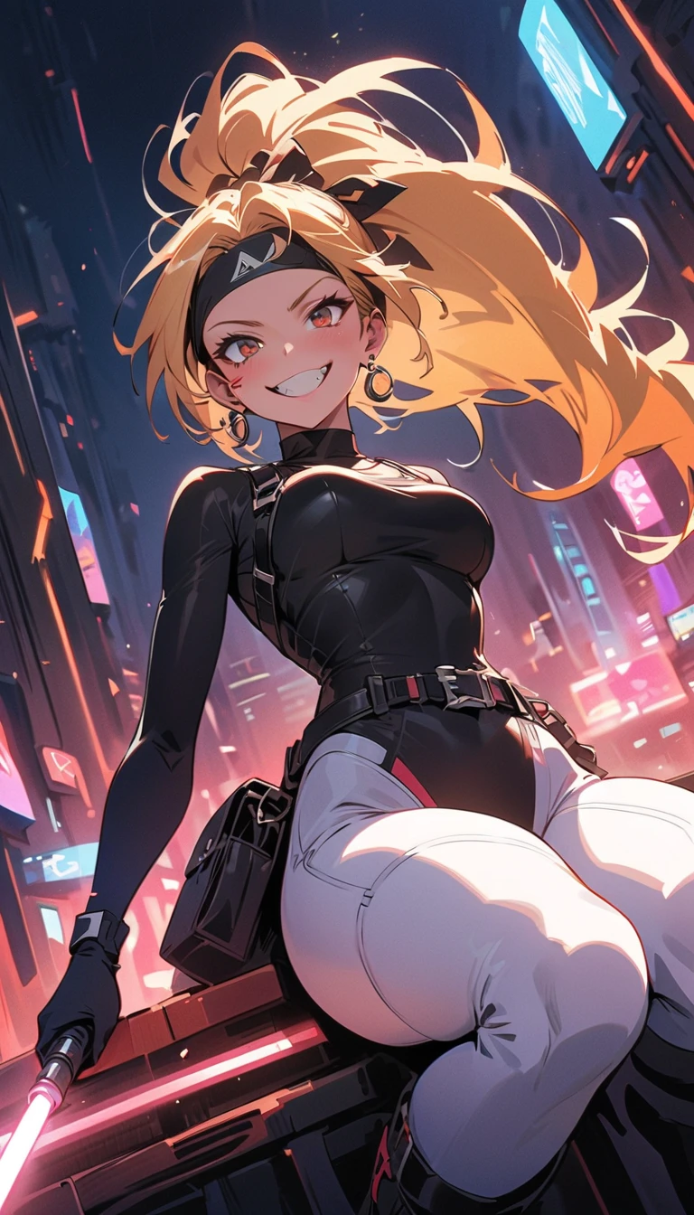 4K, A high resolution, Best quality at best, masterpiece, perfect colors, perfect shadow, perfect litthing, ((sportrait)), 1woman, fit-muscled body, bright yellow eyes,dark yellow hair , blue eyes, With round lenses, The audience watched carefully, (s face: 1.2), Perfect female figure, ((standing)), ((red Tight crop top pure red leather suit)), ((shy and looking at viewert)), (Perfect thick white eyebrows) Delicate fur, 详细s face, s the perfect face, At a fantasy cyberpunk city , (model pose standing), energetic background, perfect city skyscape, lighting atmosphere, ((Bonifasko lighting)), (The round lenses on his eyes)(詳細な目), Perfect student, face close up