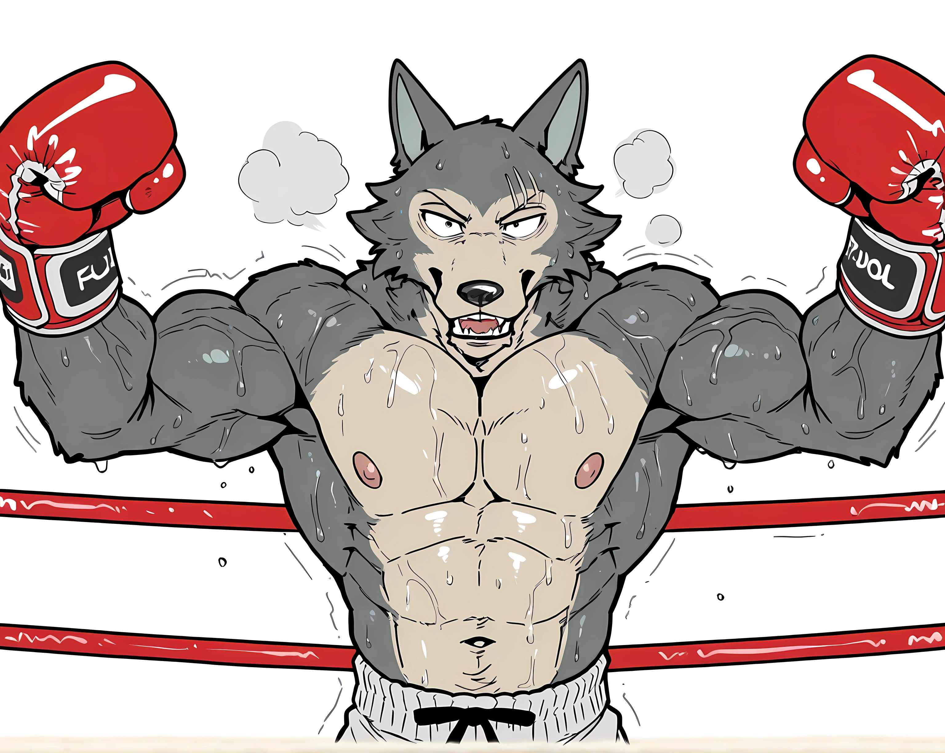 l3gosh1, beastars, male, solo, wolf, muscular, athletic, masculine, (small eyes), flat color, boxing_gloves, sweaty body, veiny arms, bulging muscles, boxing, dynamic_pose, posing, boxing_shorts, half body, glistening body, boxing_pov, boxing ring, leaning against ropes, arms spread, exhausted, open mouth, steam, flexing muscles, drooling