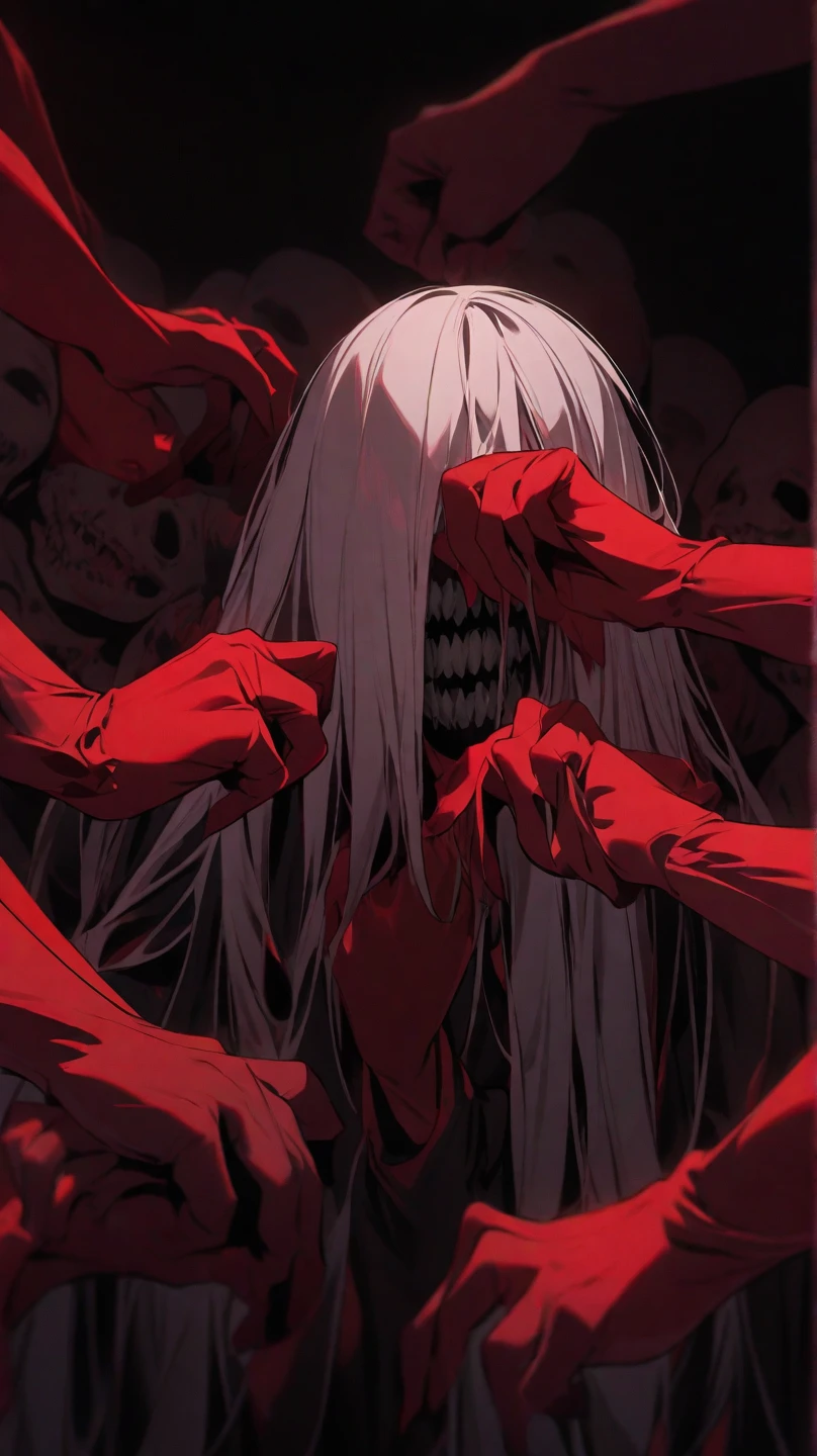 "((Masterpiece, Top  Quality, high resolucion)), (femele), (1 character), (soio), (Solo), (アニメ), (ahoge, long white hair), (Faintly glowing red eyes), (Bloody Straight Jacket), (red nails), (Kneel and lean forward), (Asylum;, The White Room), (There is blood everywhere), (Bloody clothes), (Carrying a bloody knife), (Crazy, insane)