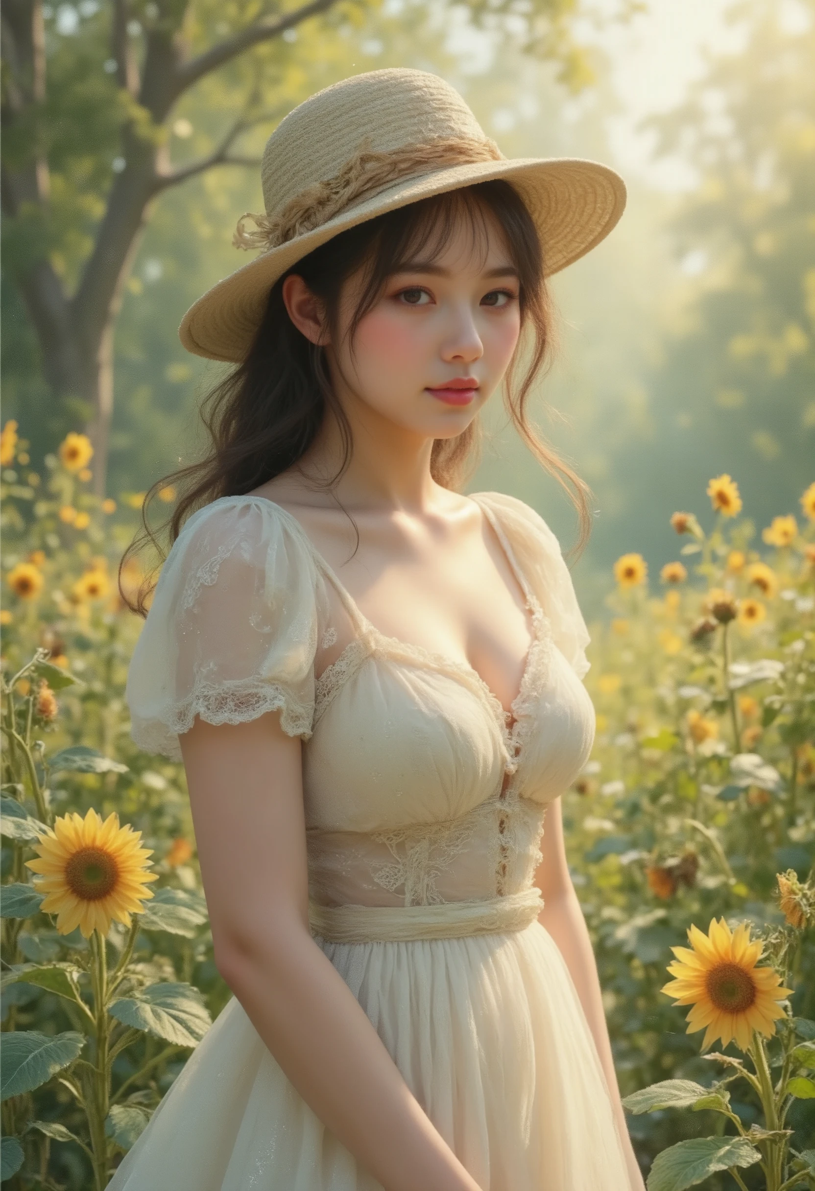 look at viewer, running on flower field, colorful flower field, graceful, (very huge breasts), elf ears, elf woman, A muted green in the tunic, a woolen robe in brown and a light medieval blouse with crochet lace, green bright eyes, 1girl, white skin, diamond face shape, Hot topics on artstation, Fantasyart, portrait of an elf queen, Belle peinture de personnage, Stunning character art, Epic and beautiful character art, blond-haired princess, medieval princess, fairy queen, fantasy art style, cinematic lighting, masterpiece, accurate, anatomically correct, textured skin, super detail, high details, highres, 8k, happy, laughing