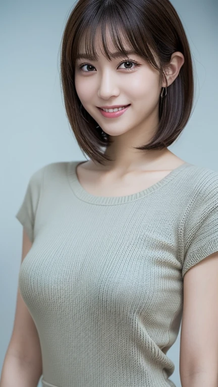 One Girl, (Wear trendy fashion:1.2), (RAW Photos, Highest quality), (Realistic, Realistic:1.4), Tabletop, Very delicate and beautiful, Very detailed, 2k wallpaper, wonderful, In detail, Very detailedな CG Unity 8K 壁紙, Very detailedな, High resolution, Soft Light, Beautiful detailed girl, Looking into the camera、Very detailedな目と顔, Beautiful and sophisticated nose, Beautiful details, short hair, small, Grey clothes、White Background、Background is white、Cinema Lighting, Perfect Anatomy, Slender body, smile,