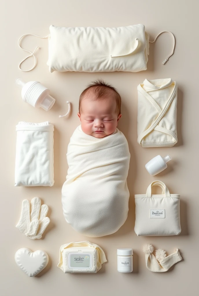 Create a baby with cute clothes, the baby is in a cute New born bed, the image shows a full body baby in a New Born white background image