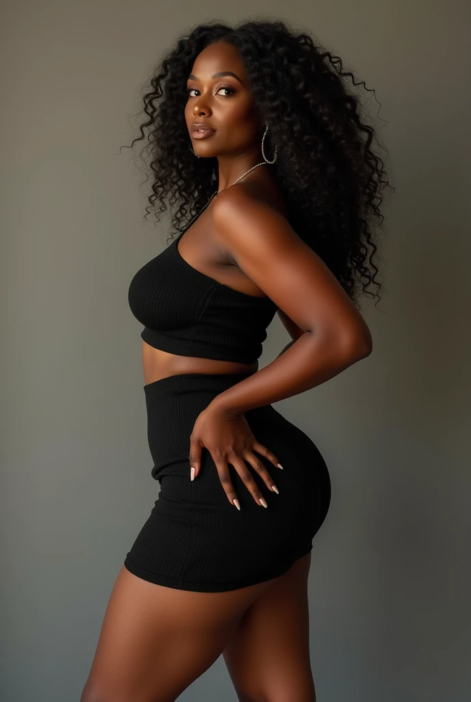 Curvy ebony girl, hour glass figure, steatopygia, wearing a tight nylon skirt