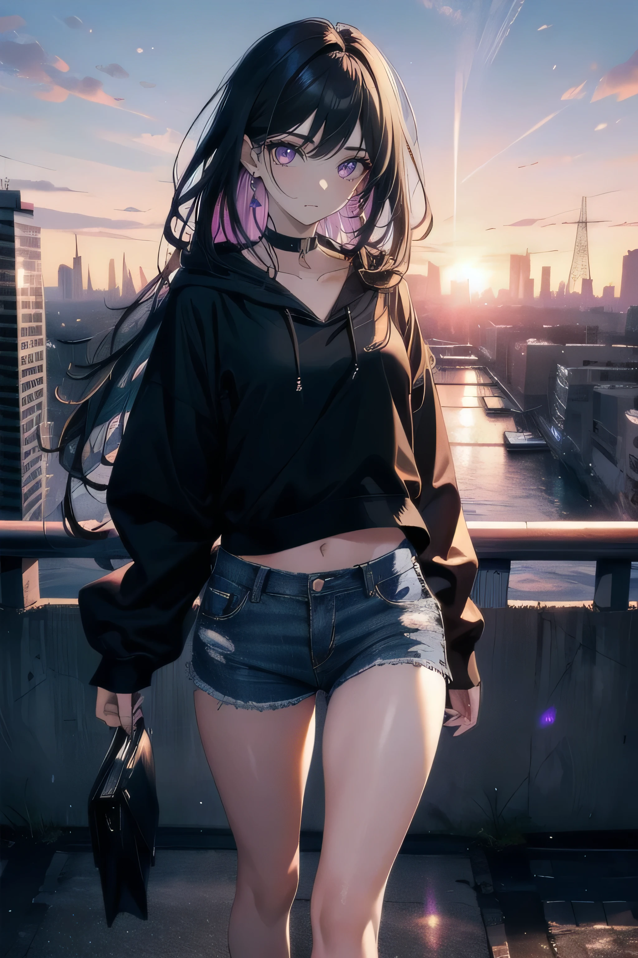 (masterpiece), (best quality), ultra detailed, finely detailed color, cenematic painting, bishoujo, model, ((one lady)), 20 years old, cute face, black hair, absurdly long hair, straight hair, (violet eyes:1.2), purple eyes, walking, chocker, ((black hoodie)), long jeans, inexpressive, slender body, small chest, urban, rooftop, city, sunset