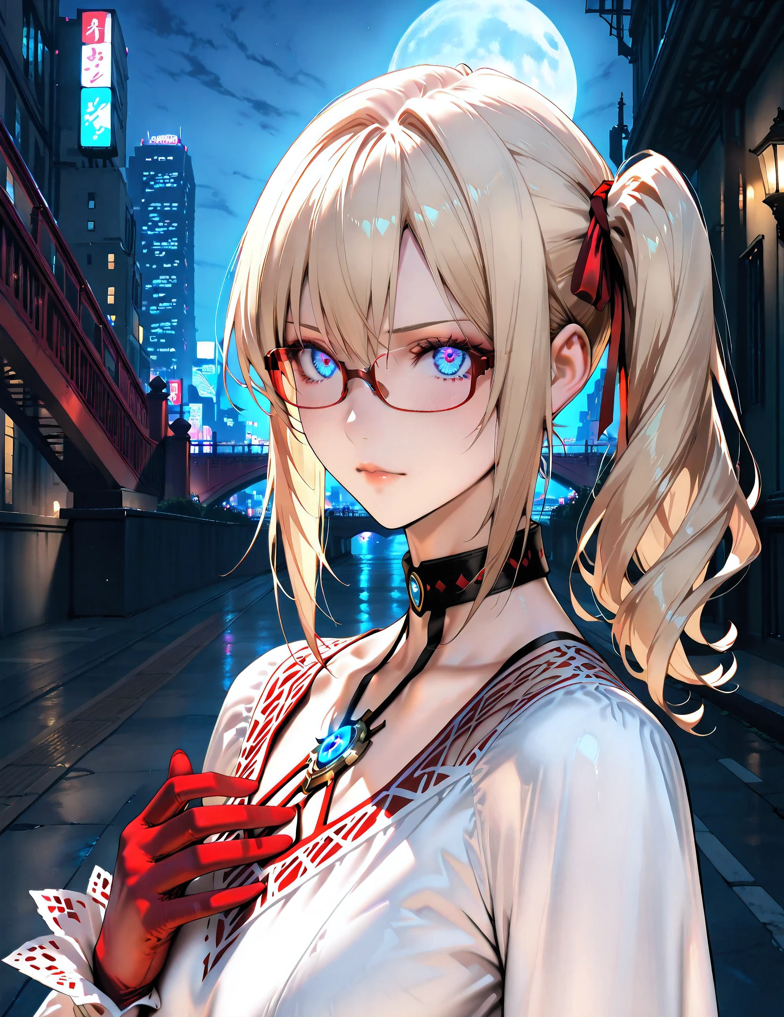 Looks about 20,(beautiful girl: 1.3),Highest quality,8k,Highly detailed CG unit wallpaper,masterpiece:1.2,top-quality,Ultra-high resolution,RAW Photos,real texture skin, photorealistic, Cinema Lighting,Huge buildings,metropolis,Big, round, beautifully shaped butt,),(Perfect hands, Perfect Anatomy), BREAK, (Medium Small breasts), Perfect Face, Symmetrical face, (glossy skin:1.6), beautiful shiny lips, solo, breack, ((Beautifully hand-drawn)), ((light Blonde)), ((white dress, long sleeves), ((Swaying side ponytail)), short wavy hair, hair ribbon, ((Blue Eyes)), ((Glowing_eye)), (((eyes open))), (((({red slim glasses})))), BREAK, midnight sky, BREAK, bayside, Alley, (((huge red bridge))), fullmoon, black choker, ((eyes focus)), (looking at viewer), upper body,