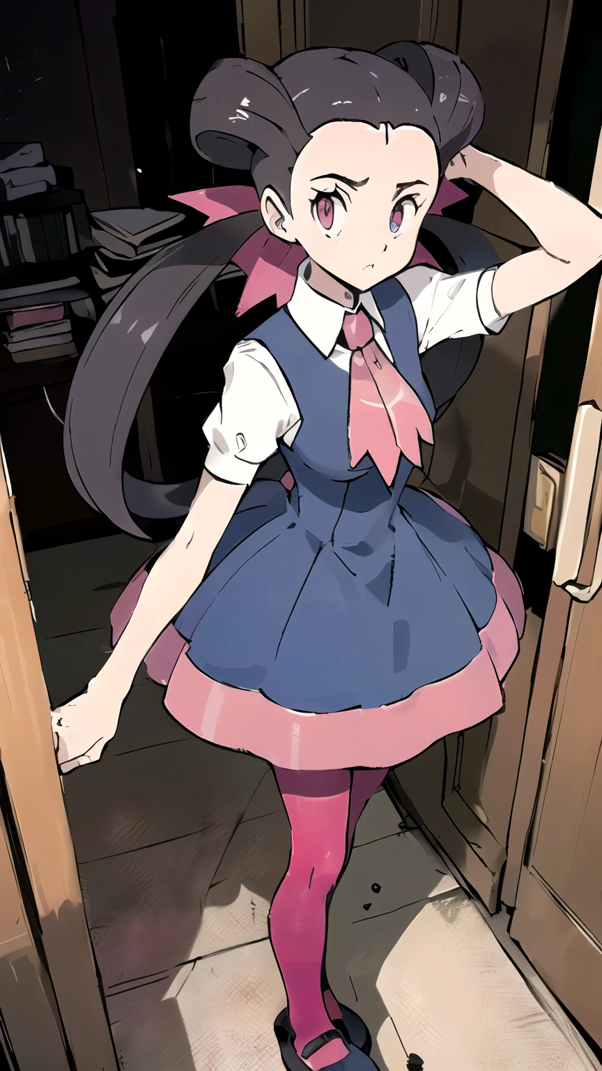 ((masterpiece,best quality)), { Sugimori_Ken_artstyle_LoRA(1.2( : Manga_Style } {horror_edit} {horror_edit : creepy_room_aura} } { :(twintails, hair ribbon, twintails, hair ribbon, perfectly_shape_breast : perfectly_fit_body } {ascot, blue dress, pink pantyhose, shoes, ascot, grey dress, white shirt, short sleeves, pink pantyhose, mary janes } {standing : obedient : arm_behind_head } { no_emotion : hypnotic_eyes : hypnotized_eyes : lazy_eyes} { sweating : } { : dark otaku room : creepy : messy}