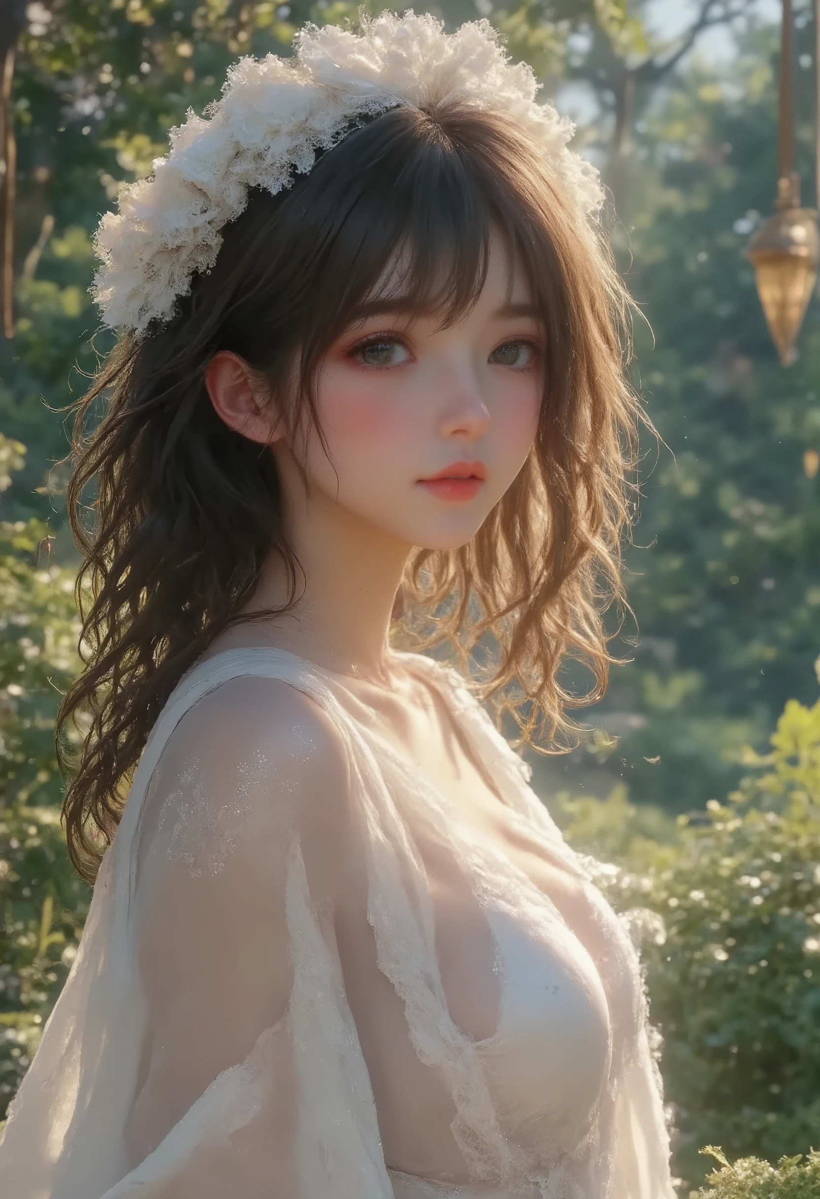 fuwa aika, 1 girl in the best,Alone, Big Breasts,  deep cleavage , (White lace dress:1.2), Relaxed Dress (hat:1.2), Sunflower field,  in the sun , A faint smile, watch viewers, wind, dynamic, Strong light and shadow,dynamic pose,