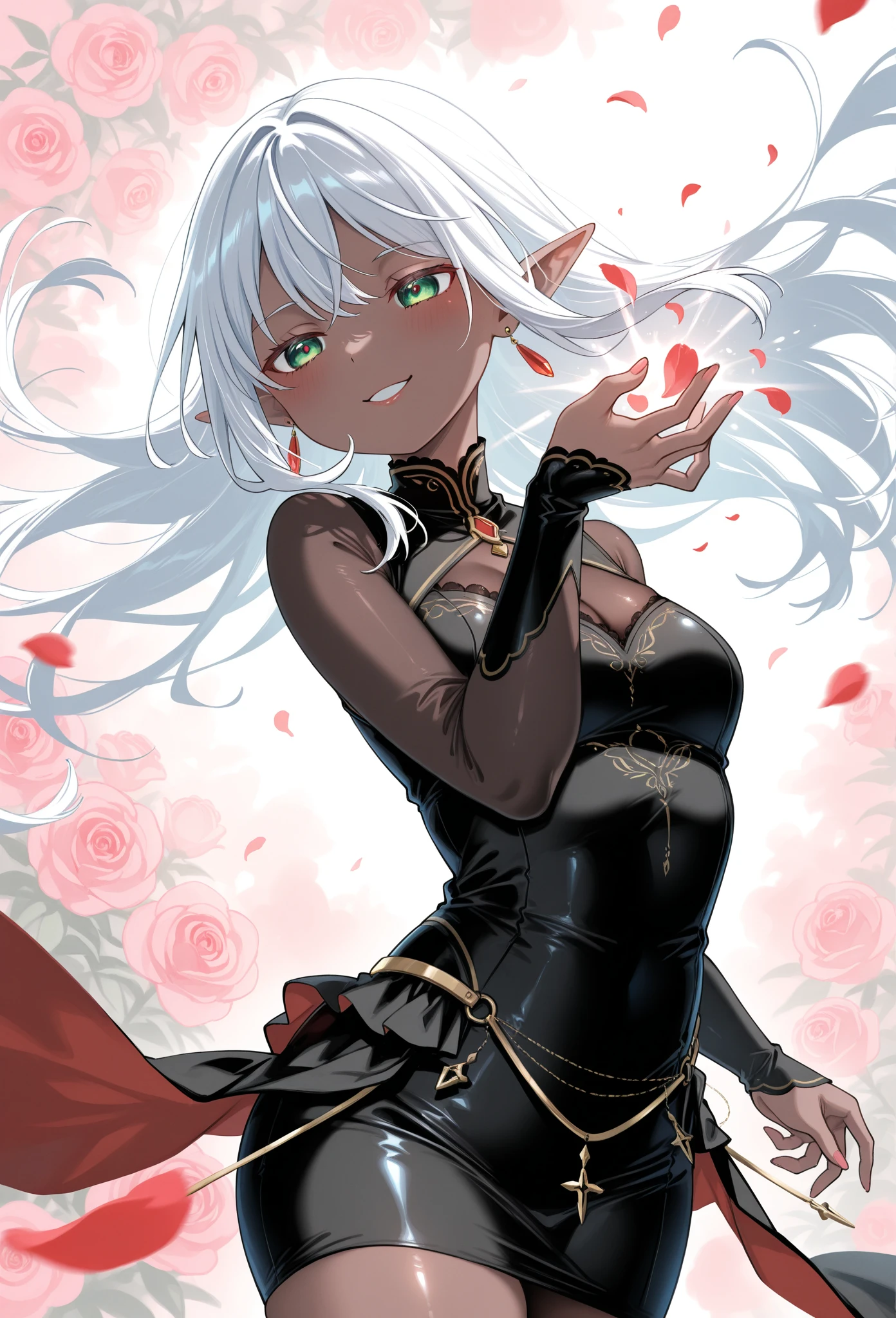 masterpiece, best quality, absurdres, original, young woman, detailed iris, detailed skin,
dark, unlit, light through stained glass, multi-colored light, <lora:epiNoiseoffset_v2:1>,
masterpiece, best quality, younger, evil eyes, high resolution illustration, shiny skin, young girl, (small breasts:1.5), looking at viewer, finely detailed beautiful eyes, wavy long hair, detailed face, vampire, red eyes, small pointed ears, red clothing, silk, lace, platinum blonde hair, black rose in hair, stained glass, indoors, castle, see-through, long dress, red nightgown,