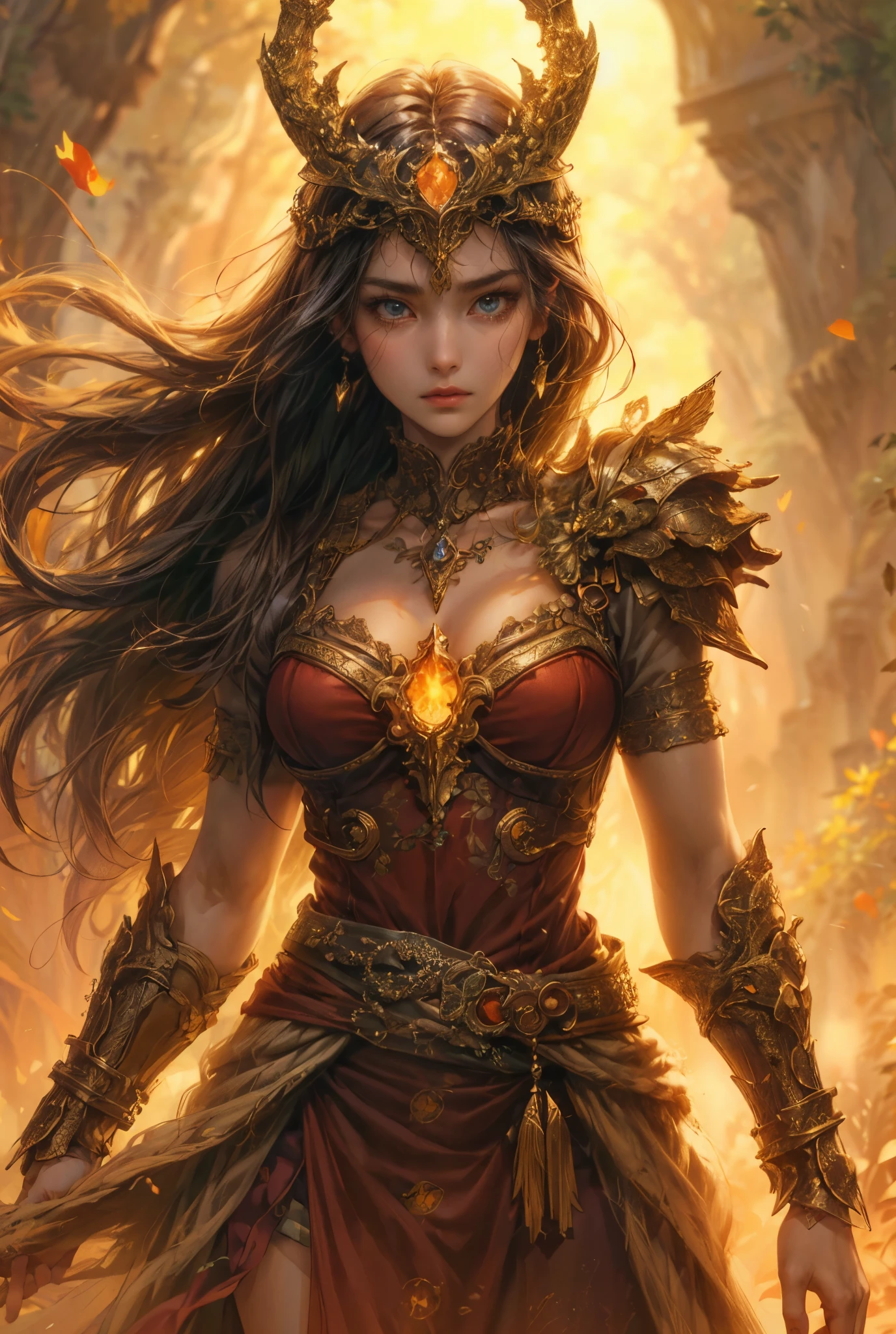 It is (realistic fantasy) el arte withtiene brasas, real flames, real heat, and realistic fire. Generate a masterpiece artwork of a  female fire druid with large (((orange and gold))) eyes. The fire druid is awe-inspiring with beautiful ((Realistic burning eyes)) alight with withfidence and power. His features are elegant and well defined.., with ((Soft and swollen lips)), elven bone structure, and realistic shading. ((Extremely realistic details, Macro details, and shine.)) She wears a billowing, shimmering dress made of realistic flames and jewels that sparkle in the firelight... Wisps of fire and smoke border the dress&#39;s intricate bodice.. Include bumps, stones, burning iridescence, glowing embers, silk &amp; satin &amp; leather, an interesting background, and heavy fantasy elements. camera: Use dynamic compositing techniques to enhance realistic flames., long blond hair