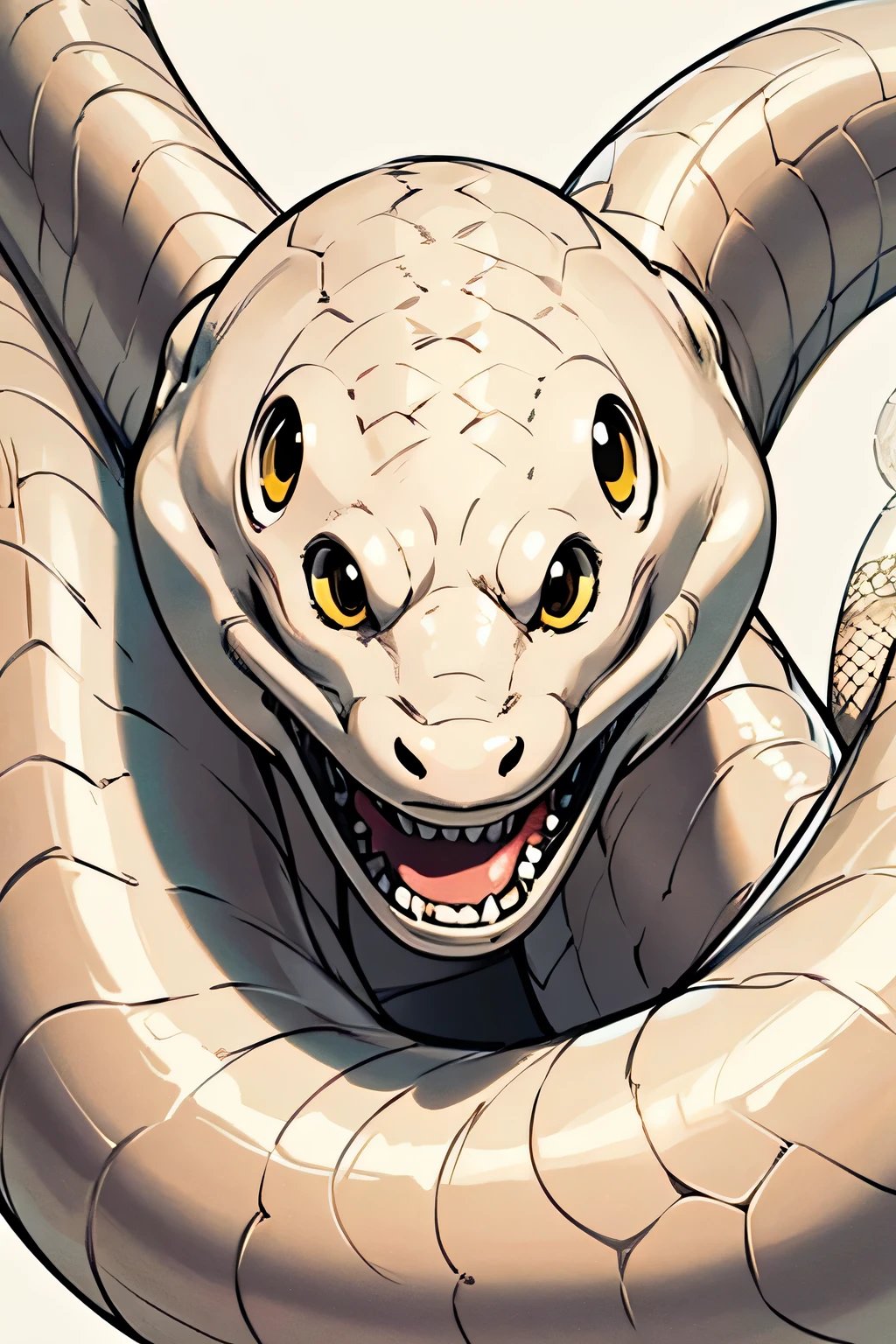 "A large, white snake drawn in an anime style, smiling directly at the viewer. The snake is the central focus of the image, depicted with a friendly, calm expression. The background is simple and neutral to highlight the snake. Only one snake in the image."
