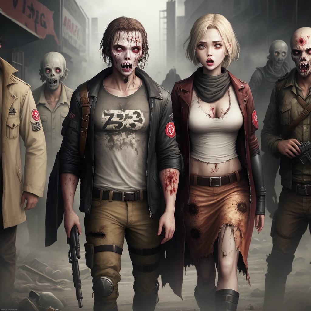 zombiegirl, full body, solo, white hair, white and transparent eye, aggressive face, facial expression of horror, torn tank top t-shirt, shor ripped jeans,night, short boot, deserted street, full moon, vampire teeth, torn clothing, blood all over the body, masterpiece, high resolution, best quality, super detail, intricate detailes, colorful