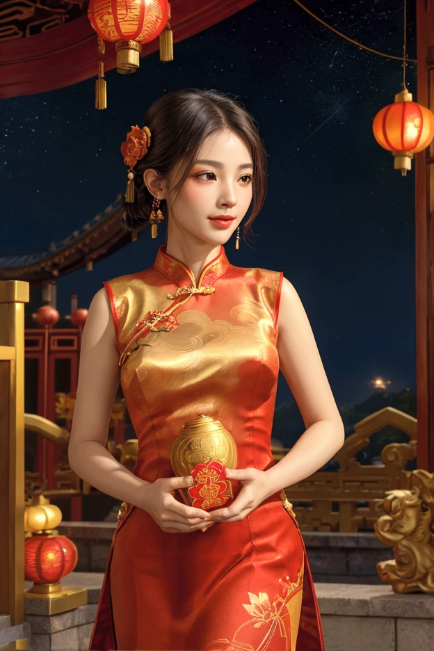 Sexy Chinese  girl wearing qipao cheongsam holding a red packet, bright sky, clouds, new year 2024,in Yangon.
