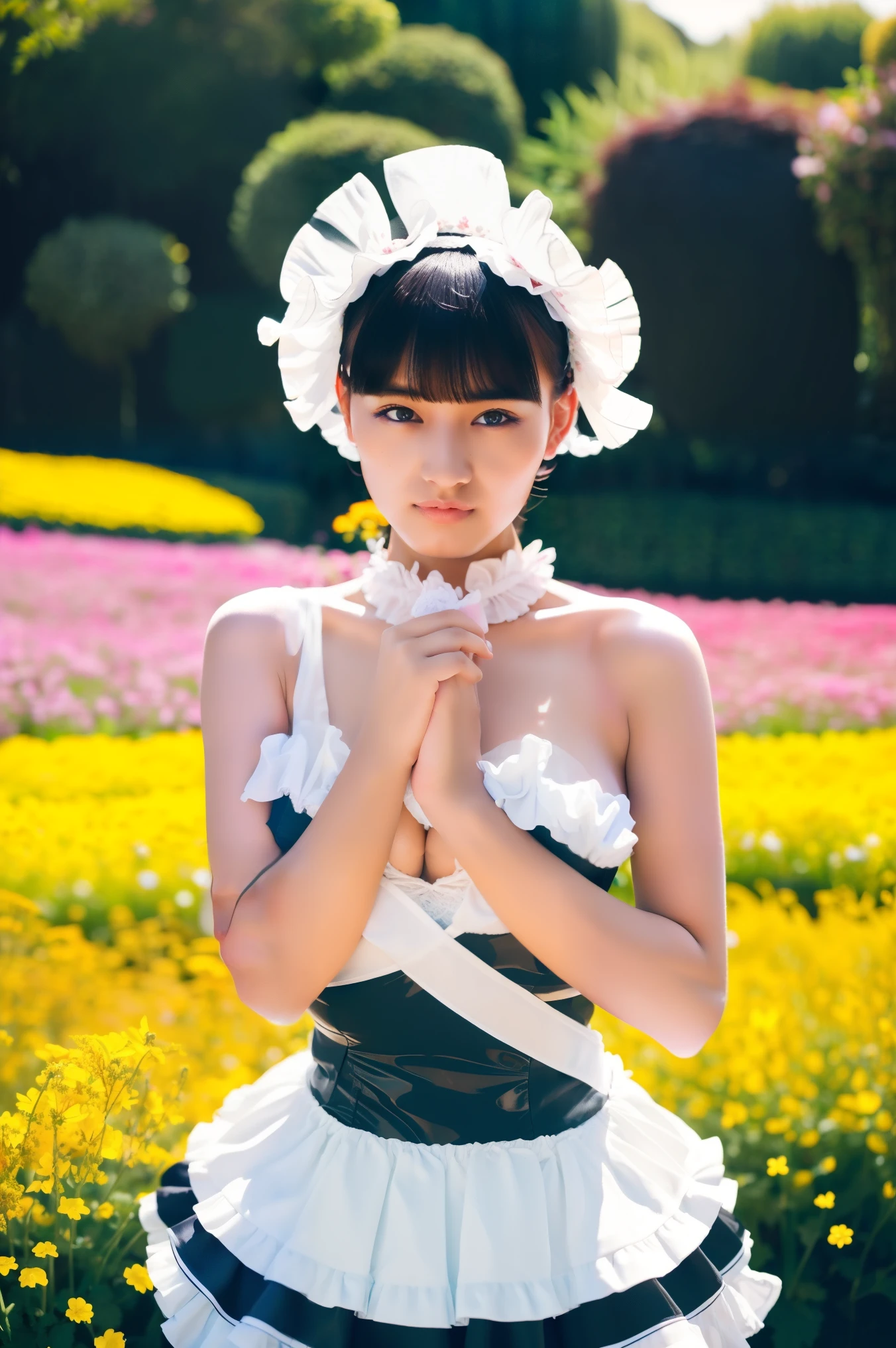 (masterpiece, ultra-detailed, ultra-realistic, best quality, clear focus, photorealistic), (ultra-high resolution, 8k:1.3), (cinematic color-grading film, dramatic scenes:1.3), (shadow), global-illumination, perfect anatomy, (perfect face), (ultra-detailed face, detailed eye:1.3), (Japanese glamorous girl:1.2), (farmer:1.2), professional light, (very beautiful with very cute face:1.1), (She is standing in the middle of a flower field:1.2), (wearing sexy maid costume with frills:1.2), slim waist, very large breasts, breasts focus, beautiful anime-character-like floral patterned eyes, (arms forward)