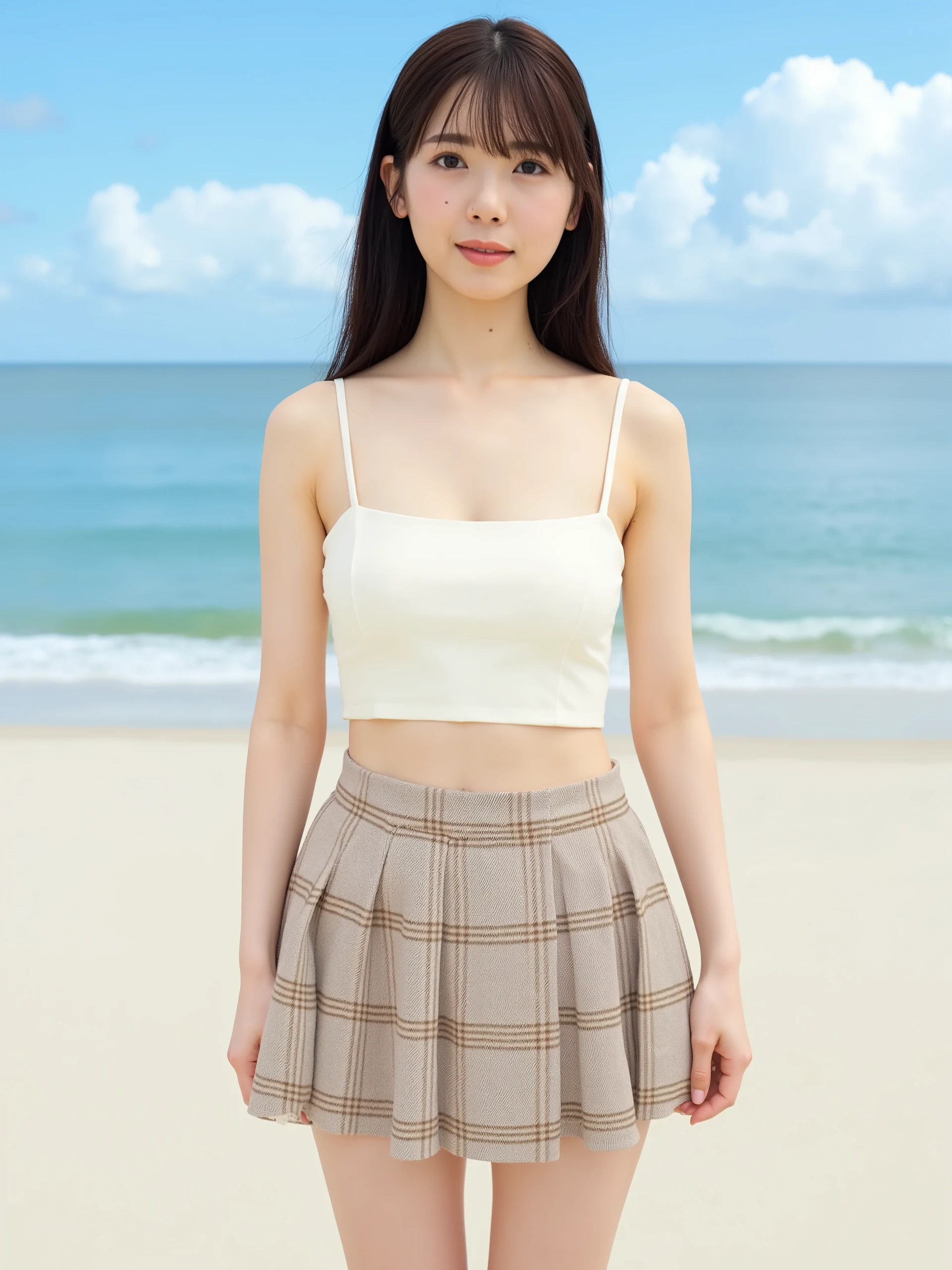 High resolution photo of Japanese actress, (Real, Photoreal:1.2), (Top quality, Masterpiece), RAW photo, Exquisite details, High resolution, High resolution, Sharp focus, (Full body, Front shot:1.4), One girl looking at the camera, (((Wearing a Ivory white short tank top, sexy flared mini skirt with check pattern))), (Beautiful breasts, toned waist, navel showing), (Dark brown medium length hair with bangs), (Detailed face, Beautiful detailed eyes, Beautiful black eyes, Shiny nose), Midsummer beach, Perfect anatomy, Perfect hands, Photo background, Outdoors, Sandy beach, Blue sky and clouds,