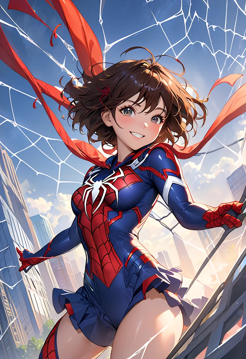 （（（optimal quality））），（（（superdetailed））），（（（masterpaintings））），（（（manga book））），Cool female superhero，Female Spider-Man，The action is exaggerated and handsome，Spider-Man's signature move，Dynamic，Voice bubbles，Fighting，bang between eyes，The background is the ruins of the city after the Great War，Cinematic graphics。