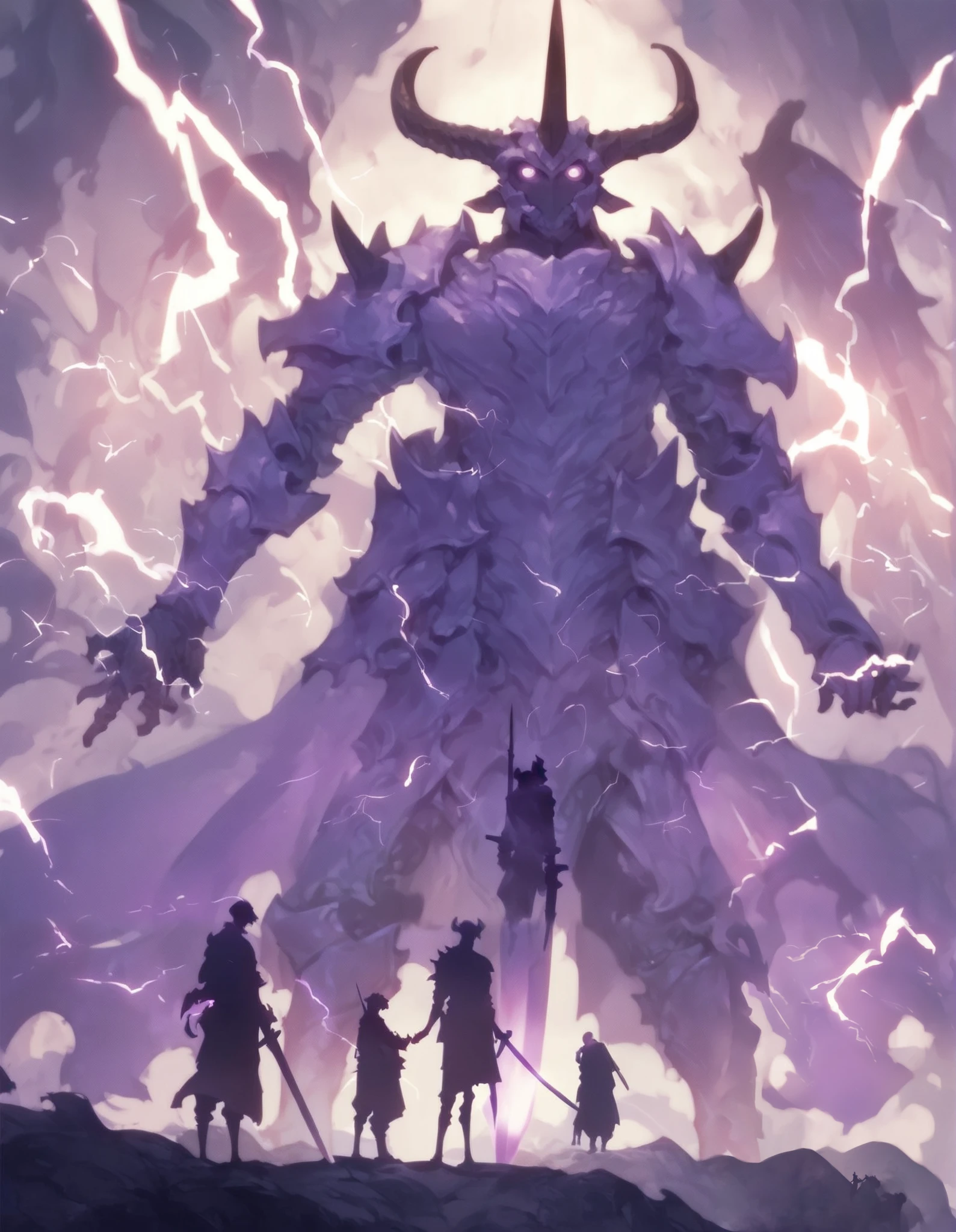 slshdw , holding , 紫色の目, arms, Multiple Boys, Wings, horn, sword , holding arms, armor, Shine, Polearm, Shine eyes, silhouette, electric , aura, purple theme, lightning armor