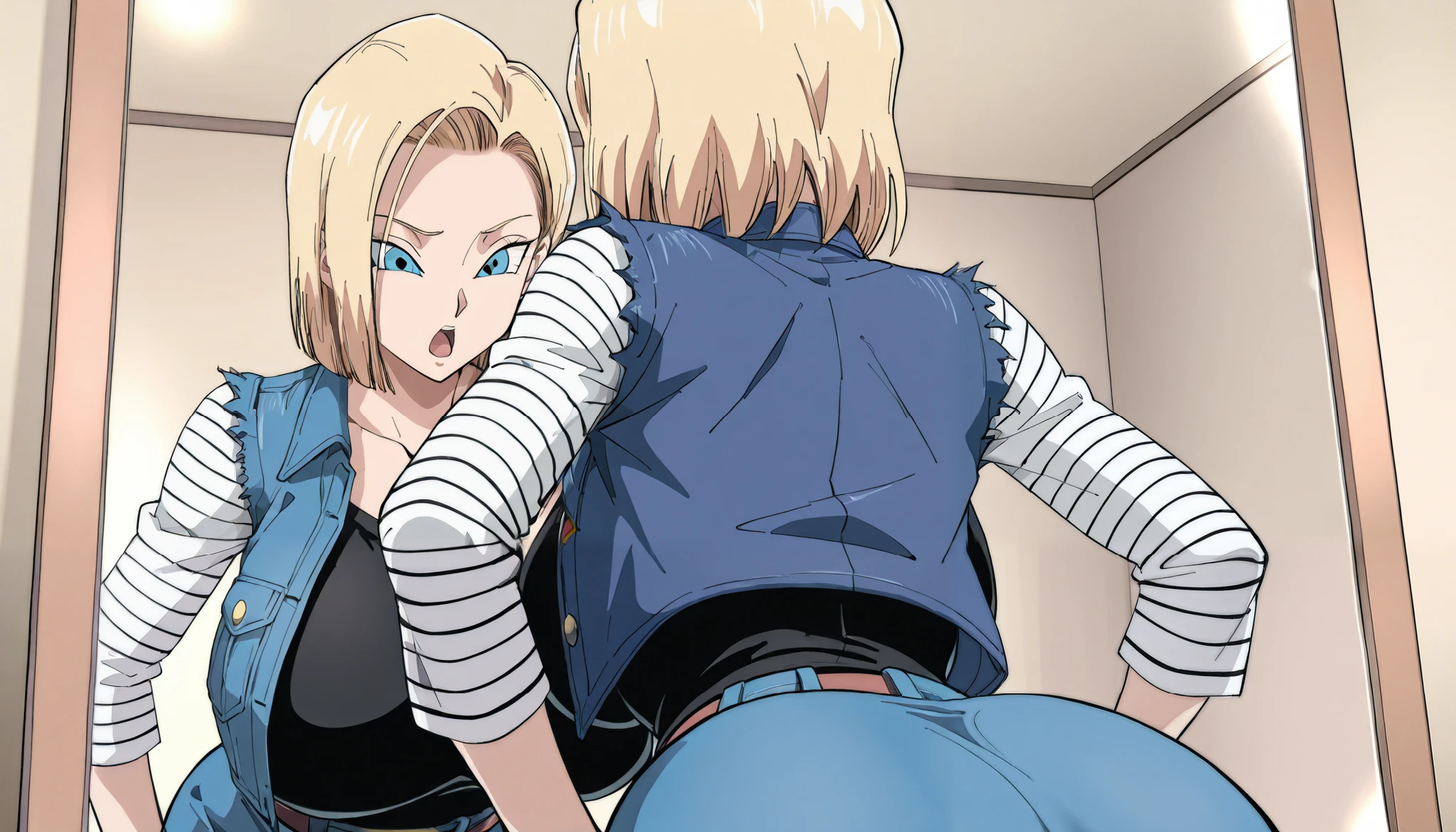 {{{android 18,dragon ball z}}},{{{style: iwao178,urakan}}},{{{cel shading,official art,masterpiece, best quality}}},looking at mirror,mirror,surprised,talking,open mouth,pink house,{{{sidelighting,upper body,{{{from behind,from side}}},back,red ribbon logo,faceless}}}, {{{mature woman,1girl,solo,huge breasts,backboob,narrow waist}}},{{black shirt,white sleeves,striped sleeves,blue jacket,collared jacket,blue skirt}},leaning forward,