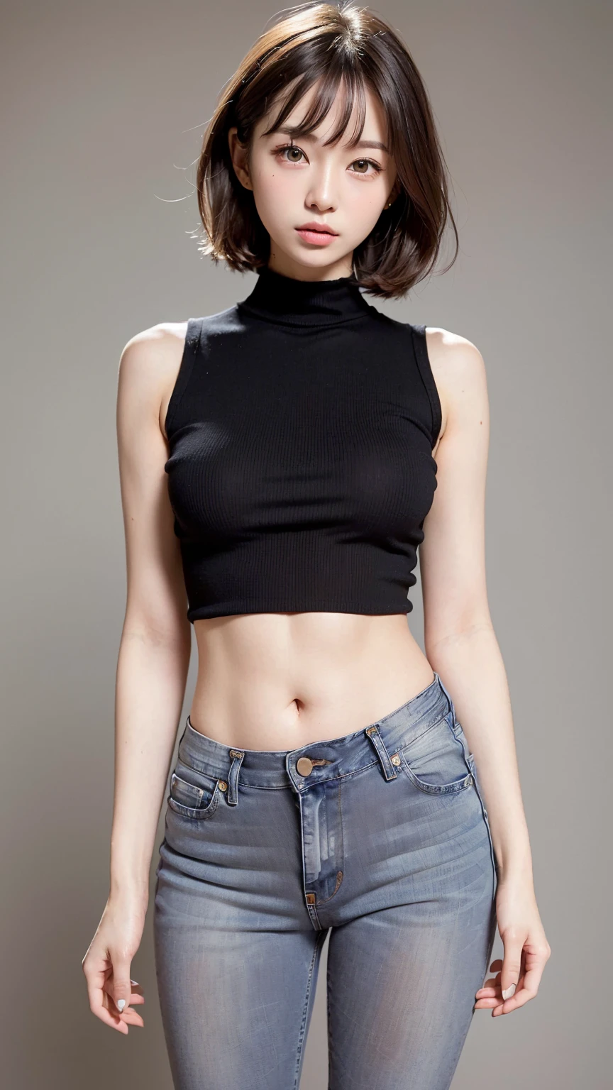 Photo black and white, doll, Photographic model, bob hair, curls, black turtleneck sweater,Show areola，Show belly button， Expose pubic bone，camel toe exposed，Portrait medium shot on gray background