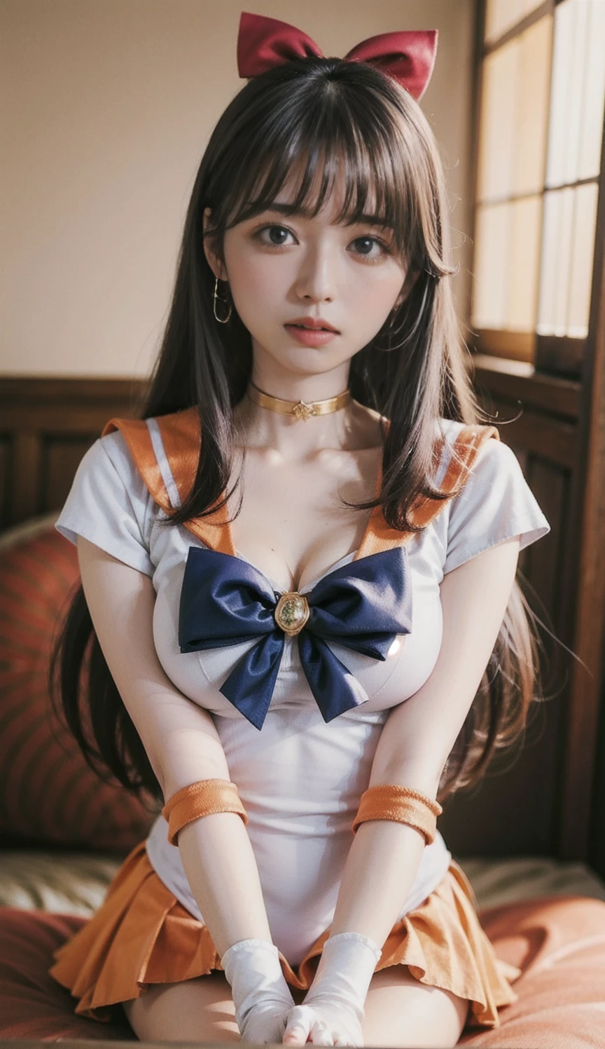 masterpiece, Highest quality, Sailor Moon,One girl, Long Hair,jewelry, Sailor Warrior Uniform, Blue sailor collar,Blonde, Red choker,White gloves, Twin tails, Red Bow, Blue Skirt, blue eyes, Hair Bun,,show nipples, show vagina, squirt vagina, wet body.