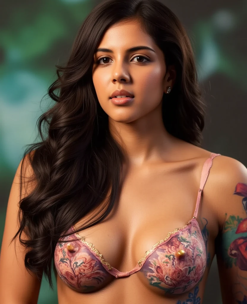 Nsfw, night scene, forest background, night sky with red moon, stars, romantic and seductive, moonlight, wide angle photo of a naked Indian, vivacious, heavily tattooed, choker, seductive pose, beautiful legs, mature body, thick thighs, realistic body parts, cheeks, curvy, big breasts, Hollywood lips, accessories, earrings, necklace, erotic face, 30 yo, long black and red hair, look at viewer and smile, pleasant mood, calm color palette, unified 16k wallpaper, ultra realistic, intricate details, masterpiece, (cinematic:1.3), intricate details, (ArtStation:1.2)