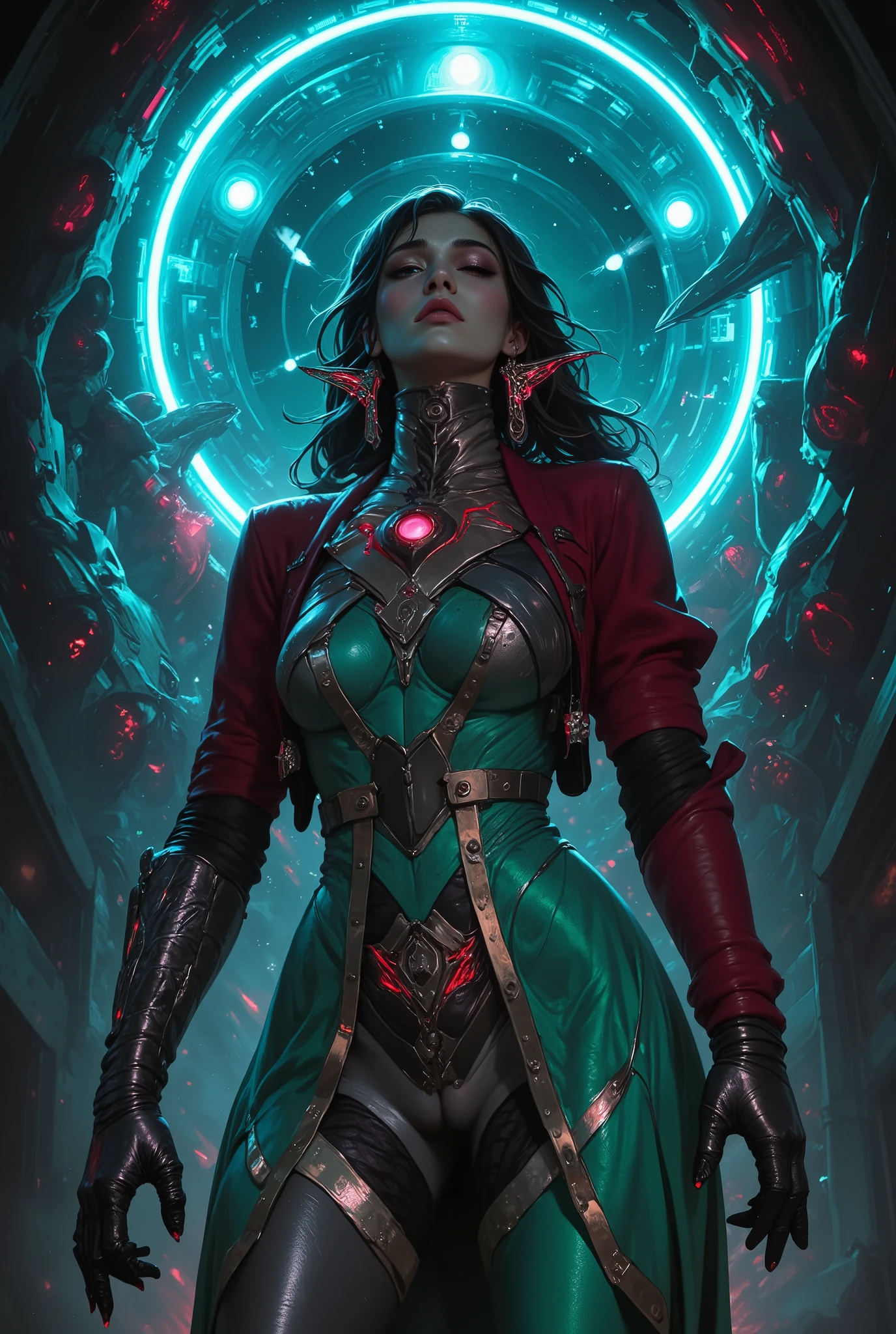 (A stunning tall woman is posing like a fashion model:1.5), (She is an anti-hero wearing intricated desighned vivid indigo and light green and dark gray and scarlet uniform:1.7), neon colored mechanical biomorphism, horror art, intricate details, maximalist perfect illustration, digital painting art, quantum world, place of fear, surreal,dark, ominous,nightmarish, twisted, unsettling, unnerving, otherworldly, abstract, geometric, futuristic, cyberpunk, chiaroscuro, dramatic lighting, moody atmosphere, rich colors, deep shadows, glowing elements, unsettling anomalies(best quality,4k,8k,highres,masterpiece:1.2), ultra-detailed,(realistic,photorealistic,photo-realistic:1.37), dynamic poses, sensual pose, model posing, (photo taken from dynamic angle:1.2)