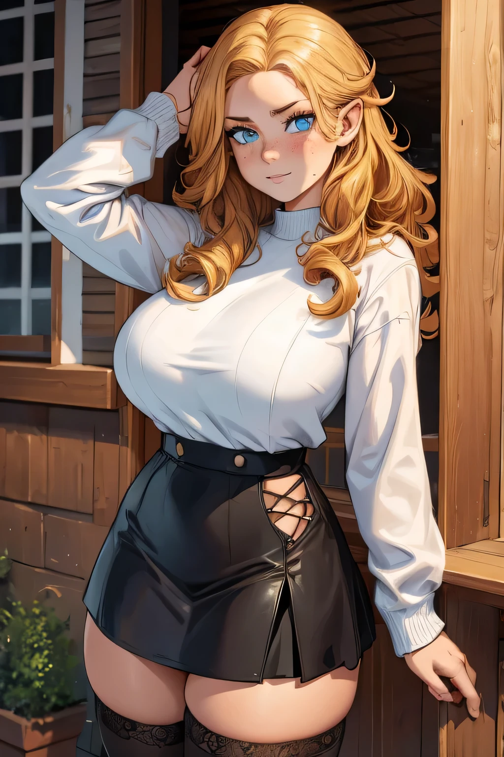 ultra detail, high detailed digital anime art, fine details. anime,8k, masterpiece, hi-resolution, best quality, hi-res, Top Quality, High Quality, High Resolution, woman, anime, elf, freckles, blonde hair, permed hair, blue eyes, , white sweater, black leather skirt, fishnet stockings, hourglass figure, thick thighs, wide hips, big breasts, standing on porch deck, curly hair, freckles