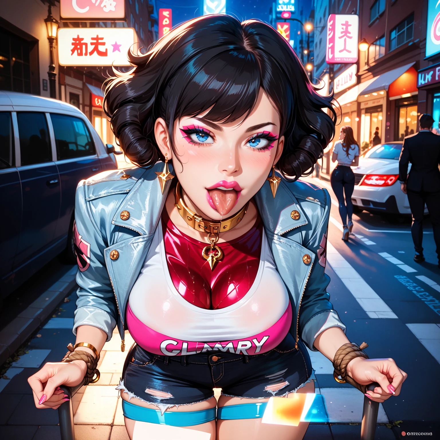 cute pit girl,(((1girl))),((pit girl with extremely cute and beautiful brown hair)),
(large breasts:1.4),saggy breasts,(((brown wavy hair:1.35,colored inner hair,ear breathing,large hair))),((heterochromia:1.5, (yellow_eye and pink_eye))),intricate eyes,beautiful detailed eyes,symmetrical eyes,big eyes:1.3,,((fat)),(((olive skin,lustrous skin:1.5,bright skin: 1.5,skin tanned,shiny skin,very shiny skin,shiny body,plastic glitter skin,exaggerated shiny skin,illuminated skin,wet legs))),(spider lower abdomen,narrow waist,wide hip,athletic body,inflated legs, thick thighs,detailed body,(detailed face)),
cute,slutty,seductive,erotic,(nsfw),
zettai ryouiki,(((race queen style costume, attractive companion costumes,pit girl costume))),(magenta suit unbuttoned,magenta costume),(((huge cleavage))),cleavage cutout,((wet clothes,intricate outfit,intricate clothes)),
(dynamic pose:1.0),solo focus,embarrassed,(centered,scale to fit dimensions,Rule of thirds),
cyberpunk city by the ocean at night, with bright neon signs and dark stormy clouds and puddles, scenery:1.25,nighttime, starry night, cosmos,Very dark night that makes the neon lights stand out, very bright neon lights,nighttime, starry night, cosmos,
artistic photography,(photography taken by sldr),highres, sharp focus,(ultra detailed, extremely detailed), (photorealistic artwork:1.37),(extremely detailed CG unity 8k wallpaper),((synthwave background theme)),(((vibrant colors))),intricate,(intricate background),(masterpiece),(best quality),perfect rendered face,perfect face details,realistic face,photo realistic,analog style,((intricate detail)),(((realism))),