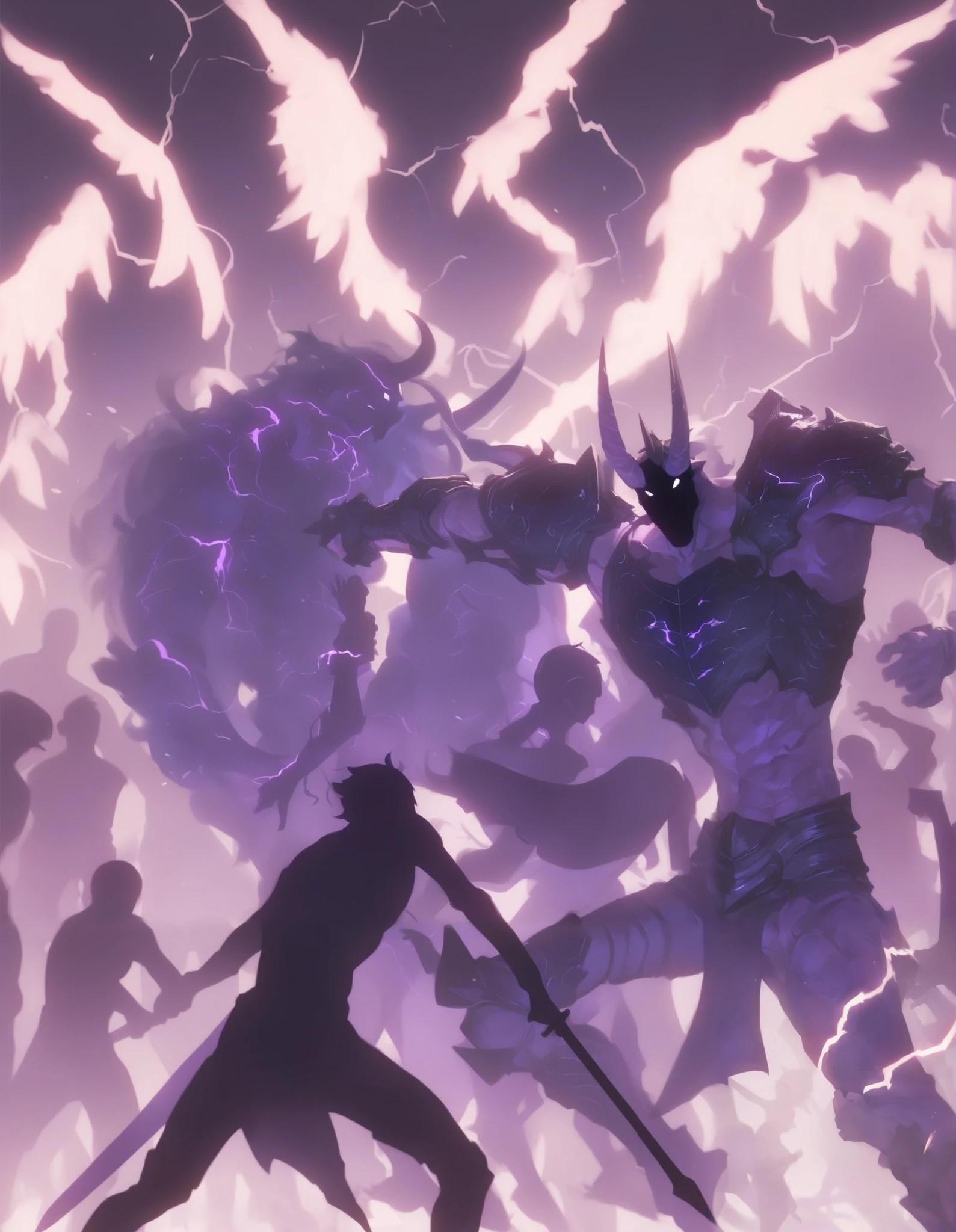 slshdw , holding , 紫色の目, arms, Multiple Boys, Wings, horn, sword , holding arms, armor, Shine, Polearm, Shine eyes, (( silhouette)), electric , aura, purple theme, lightning armor 、((fight))