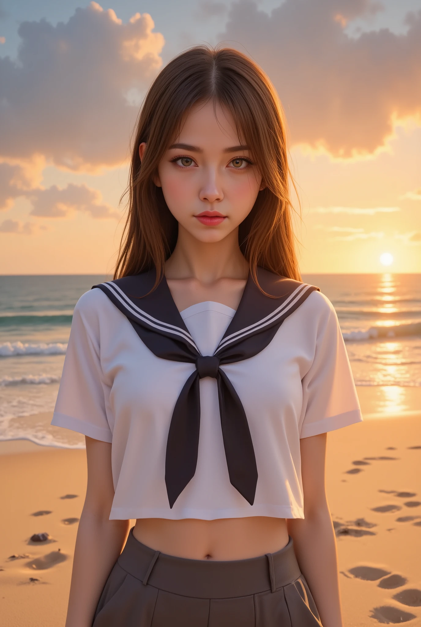 (Masterpiece:1.2), best quality, high resolution, Unity 8K Wallpaper, (super real illustration:1.0), Beautiful Details, very detailed on trends, perfect lighting, idol, long hair, straight hair, Round face Bust Up, sailor suit, Golden sand beach at sunset