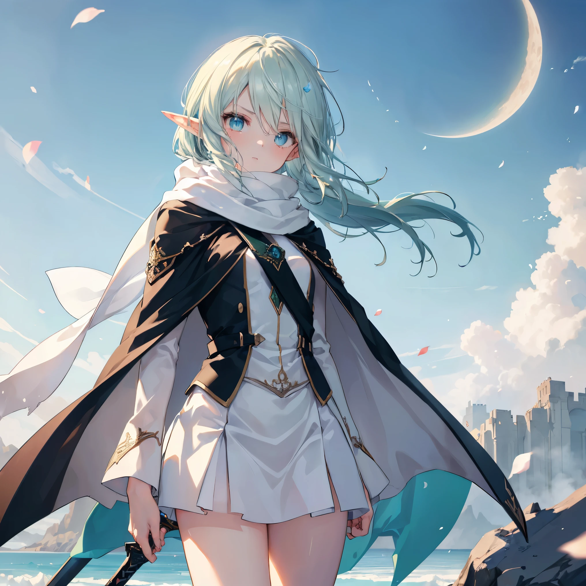 ((Female elf swordsman, sword poised forward, whirling winds, dynamic motion)), ((Strong shadow, Wind effects, Floating petals)), Delicate hair, Delicate eyes, ((Masterpiece, Top quality)), High quality, Masterpiece, ((High quality, Female elf swordsman, Light green hair, Blond eyes, Long hair, Elf ears, Long loose hair, Black cape, Cape hood, white miniskirt, Scarf, Sky, Moon, Ash, Ice, ((Color splash))