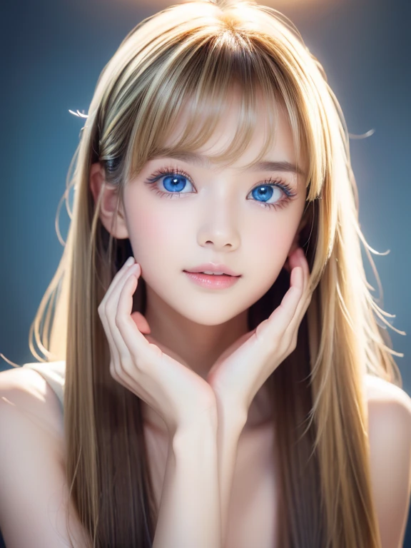 Beautiful white and shining skin, 3 Up, Unparalleled beauty, bright, Refreshing and gentle look, Perfect beautiful cute face shining baby blonde silk super long straight hair, Beautiful shiny bangs, A very beautiful and beautiful 17 year old girl, eyeliner, so perfect and beautiful、big, clear sky blue eyes