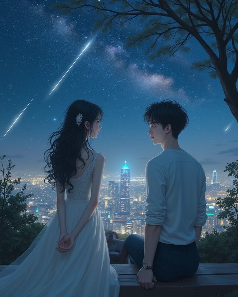 Create a poignant and emotionally resonant digital illustration of a long-distance relationship. Visualize a couple deeply in love, one situated in a bustling cityscape at night, and the other in a serene countryside setting at sunset. Between them, depict a vast expanse of ocean, mountains, and stars. On the city side, show the person standing on a rooftop overlooking a city skyline, gazing at the stars in the sky, while on the countryside side, portray their partner standing amidst fields, looking toward the same night sky. Emphasize the longing and connection between them through subtle elements like a glowing heart-shaped constellation in the sky that aligns when they look up, symbolizing their love bridging the distance."