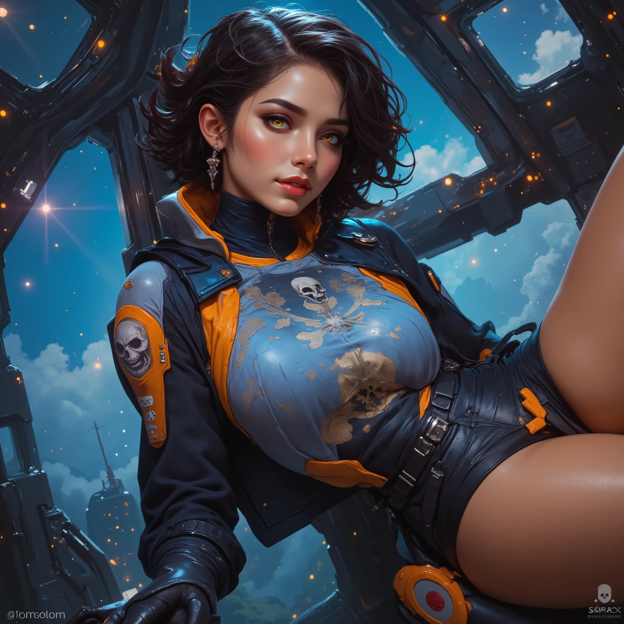((top quality)), (Masterpiece)), (hyper Details: 1.4), 3d, An absurd resolution, high definition, (Masterpiece: 1.4), ultra detail, 1 sexy Mexican girl, stunning Space Pirates, skull and crossbones, shiny skin, image of thefuturistic woman, Shiny short hair, beautiful iridescent eyes, beautiful faces, 20 years old, seductive smiling, toned body, Spaceship, floating, small, (matt indigo and dark grey and light orange colored Space Suit:1.4), Spaceship, window, future, dynamic poses, Costume Change,