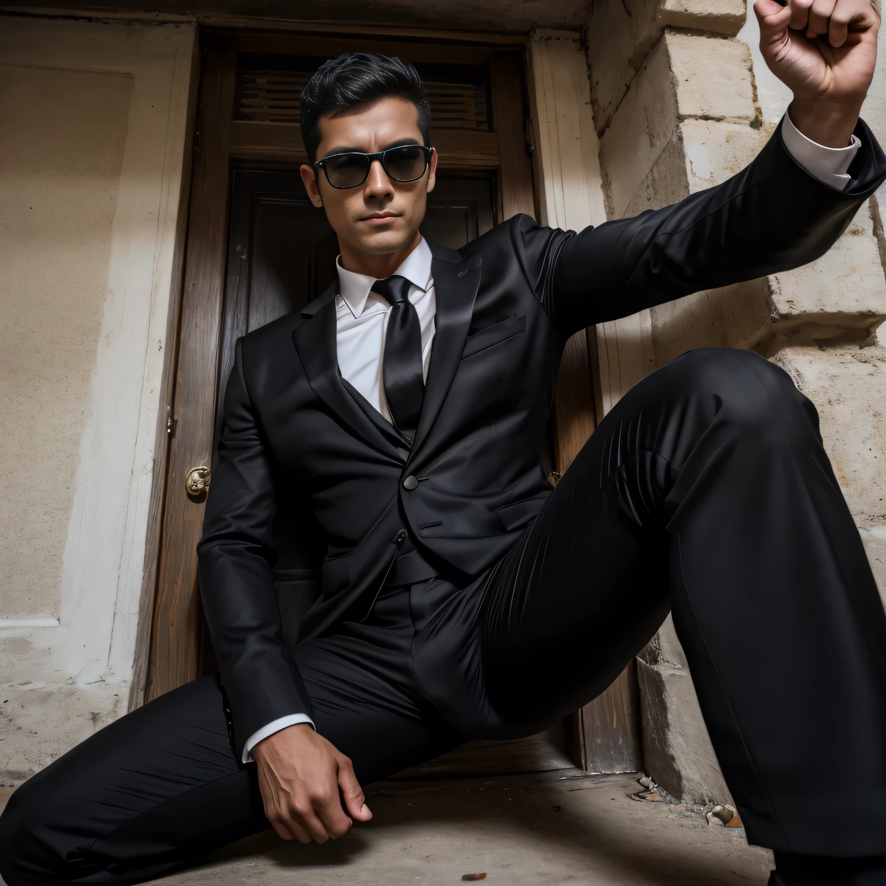 50 years old,One Man,Black Suit,Abandoned factory at night、mafia、Bend、Spread your legs wide、Hold a gun,Open your legs more,logic,Gay ,Very Short Hair,Stubble,Black sunglasses,Asian Faces,Masculine,The groin area swells、Erotic ,looking at the camera