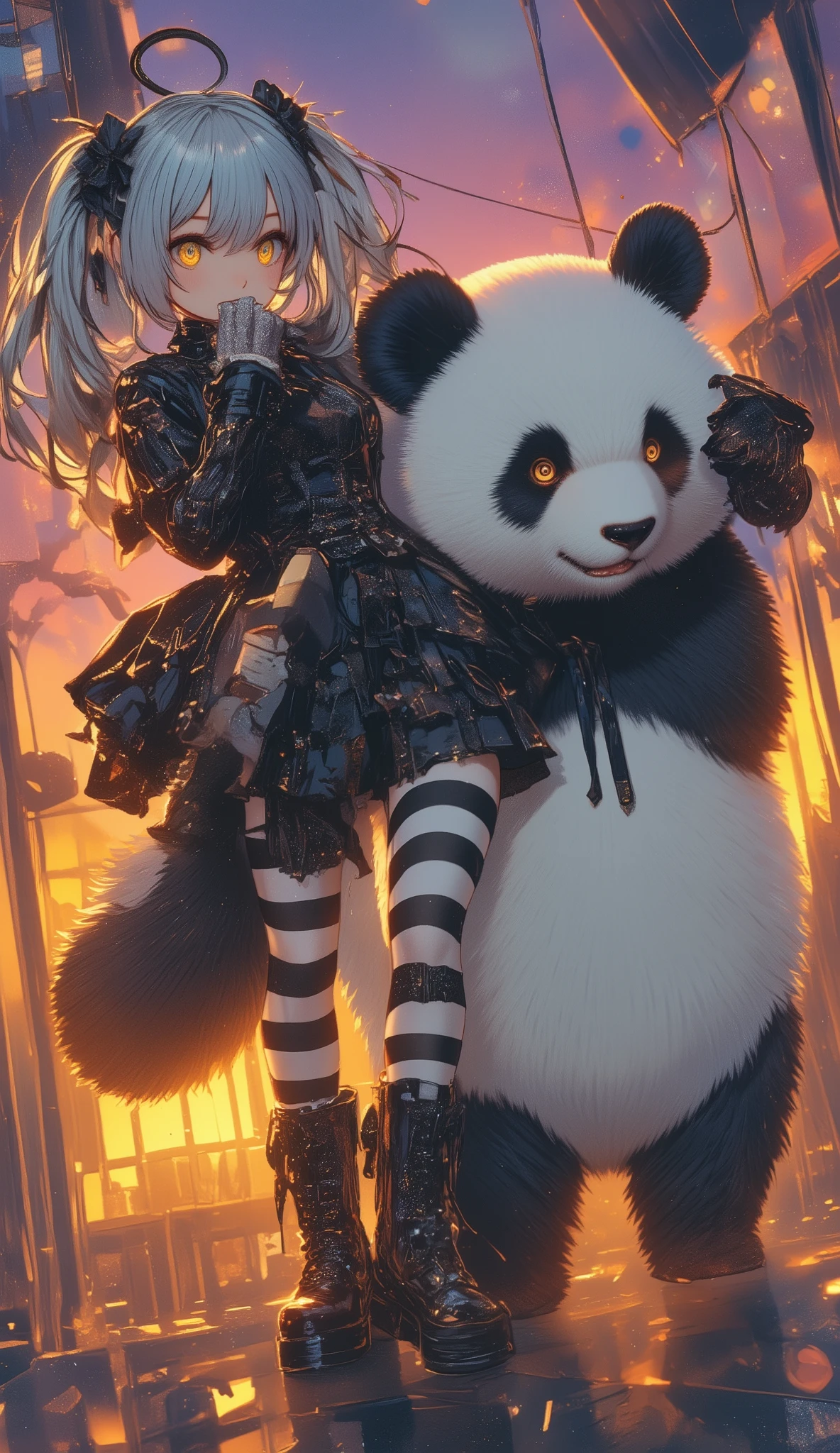 (masterpiece:1.3, top quality :1.3, detailed depiction :1.3, high resolution :1.3, High Quality Anime Painting ), ( 1 girl\ gothic ta, Big black boots , white and black striped tights , plush man-eating panda ), (Gray Hair, yellow eyes, small face:1.37), ( fantasy animation art , Great use of color , Best Color Expression , Amazing beautiful color expression