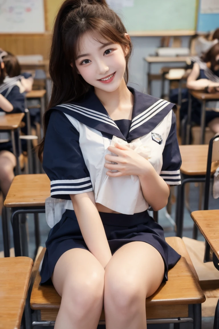 1girl, Cute, black-haired, 14 years old, Smile, Looks pure, Sailor Suit, Photography, Realistic, Best Quality, Detailed face, Full body, slender, Slender legs, Long legs, Wearing thigh-high socks, shoes on, School, Classroom