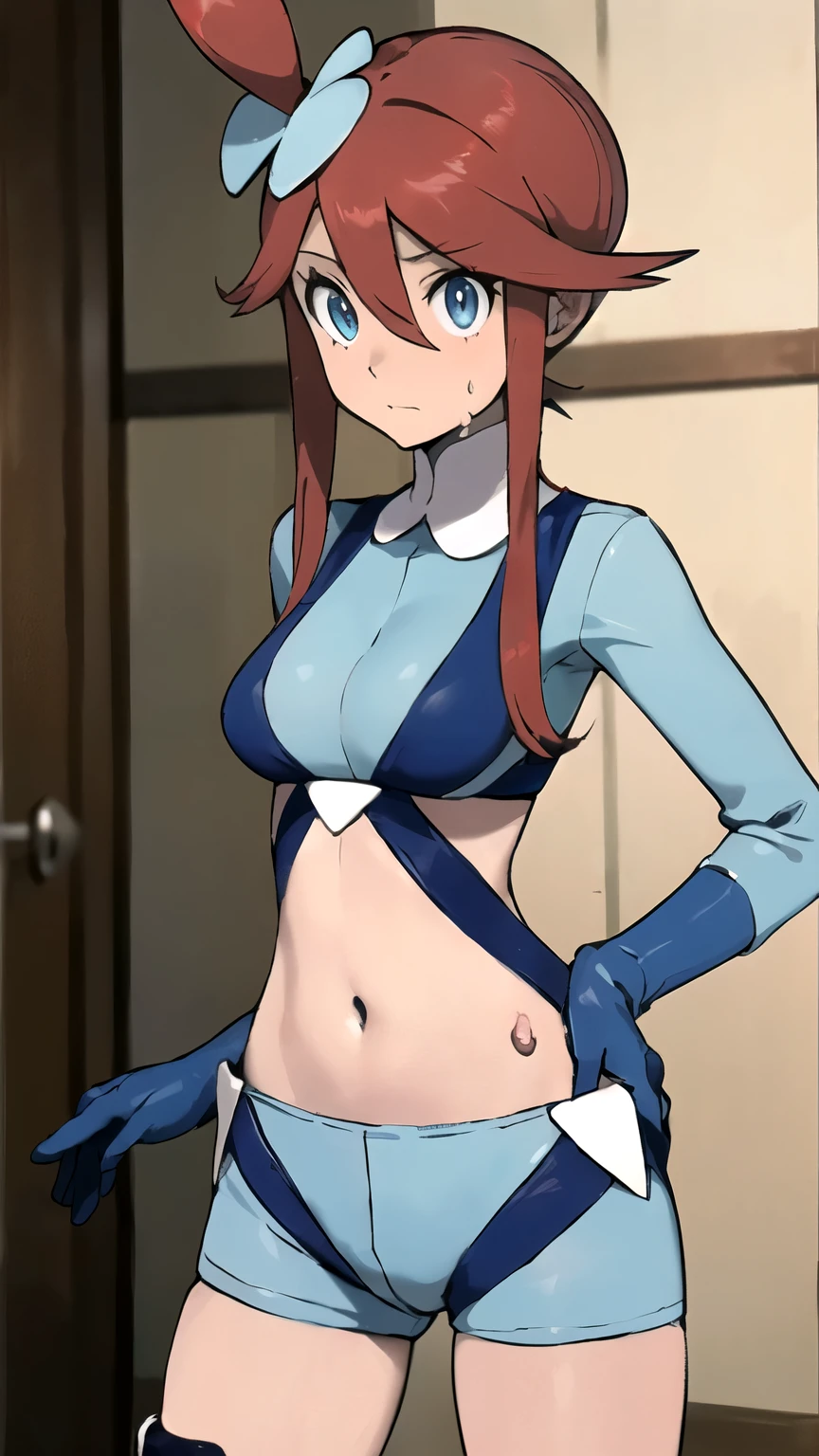 ((masterpiece,best quality)), { Sugimori_Ken_artstyle_LoRA(1.2( : Manga_Style } {horror_edit} {horror_edit : creepy_room_aura} } { :(pokemonskyla, blue eyes, hair ornament, one side up, red hair, short hair with long locks, sidelocks, ,, ) , perfectly_shape_breast : perfectly_fit_body } { , blue gloves, blue jacket, blue shorts, crop top, cropped jacket, gloves, jacket, midriff, navel, short shorts, shorts, thigh pouch, } {standing : obedient : } { no_emotion : hypnotic_eyes : hypnotized_eyes : lazy_eyes} { sweating : } { : dark otaku room : creepy : messy}
