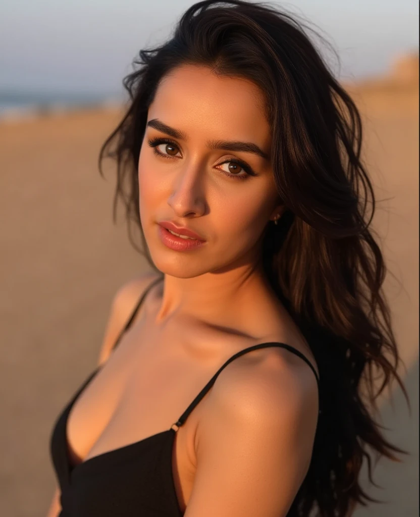 hires body close up photo of a woman, milf, 33 yer old,Shraddha Kapoor, outdoors, realistic skin texture, smiling sexily, looking looking at camera, black mini bikini, at maldives ,((marathi make up), long free flowing hair, sexy navel and thigh, tall body, bindi, mascarra , lipstick