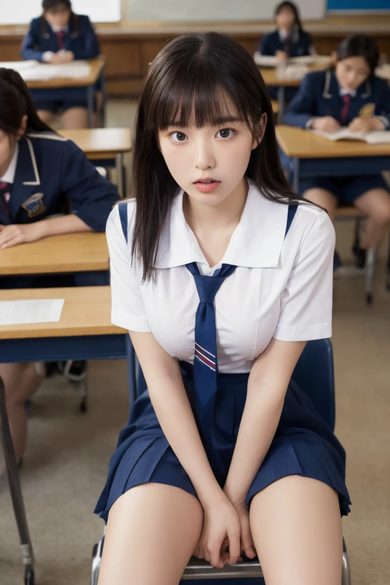 alone、expensive school girl、Natural body shape、White skin、Natural Makeup、Black Hair、bangs、Straight Long Hair、Lift up the skirt、expensive 、Navy Pleated Skirt、Please sit down、Spread your legs、Big Breasts、Small size pure white panties、((The upper body is wearing a uniform))、School classroom、Looking into the camera、White socks、Black Loafers、Full body photo、The upper body is naked and the nipples are exposed.