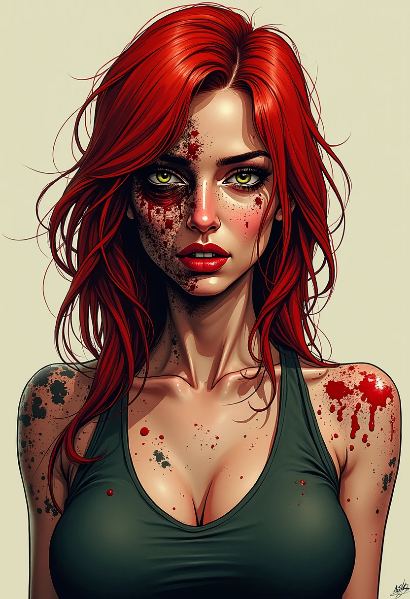 A haunting portrait of a young woman, cheerleader, with a face that reflects the horrors of the undead, zombie, empty eyes, bloodstains, ((vampire teeth)), dead eyes, evil eyes, showing of her sharp teeth, Focus on realism and intricate details to capture the unsettling nature of her appearance. Depict her lifeless eyes, decaying skin, and disheveled cheerleader uniform in vivid and precise detail, using shading and textures to bring the image to life. Long dark hair in pigtails, sexy pose