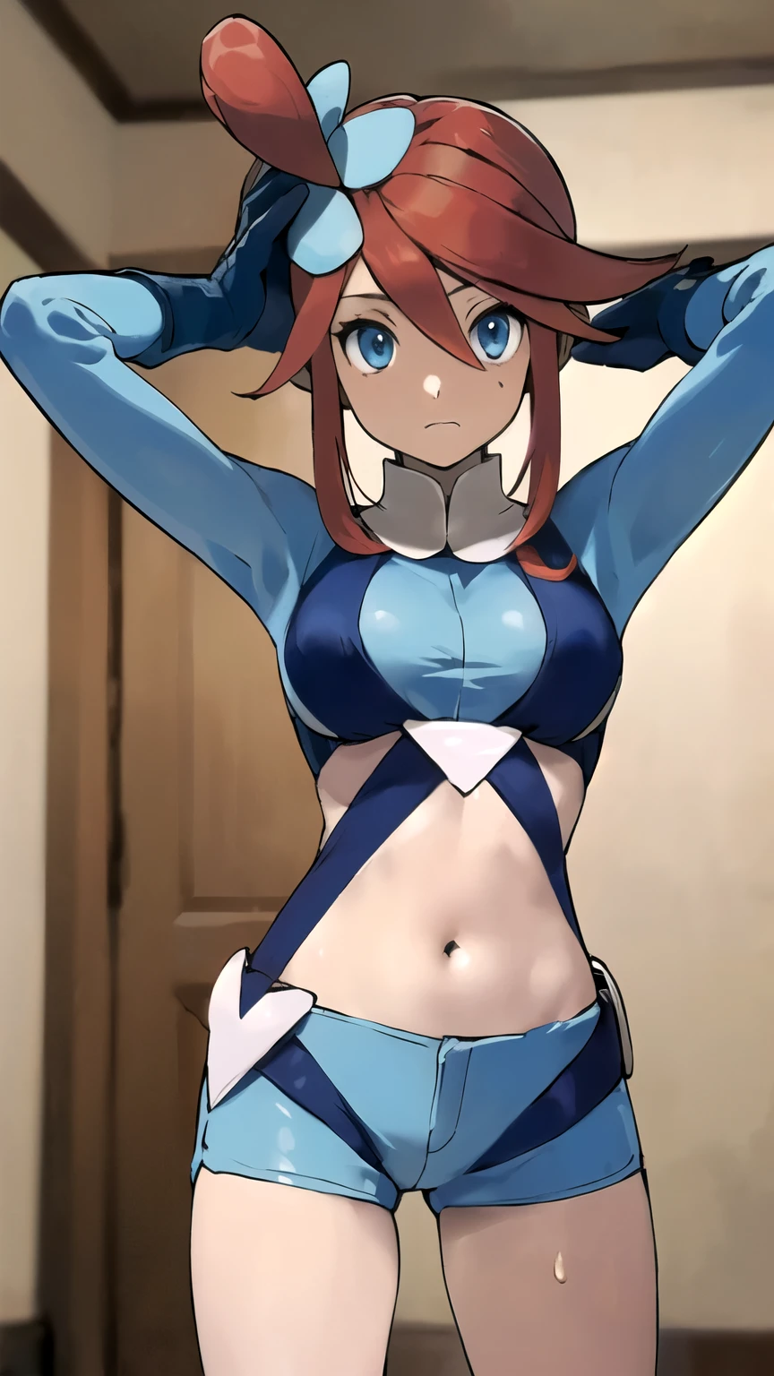 ((masterpiece,best quality)), { Sugimori_Ken_artstyle_LoRA(1.2( : Manga_Style } {horror_edit} {horror_edit : creepy_room_aura} } { :(pokemonskyla, blue eyes, hair ornament, one side up, red hair, short hair with long locks, sidelocks, ,, ) , perfectly_shape_breast : perfectly_fit_body } { , blue gloves, blue jacket, blue shorts, crop top, cropped jacket, gloves, jacket, midriff, navel, short shorts, shorts, thigh pouch, } {standing : obedient : arms_behind_head} { no_emotion : hypnotic_eyes : hypnotized_eyes : lazy_eyes} { sweating : } { : dark otaku room : creepy : messy}