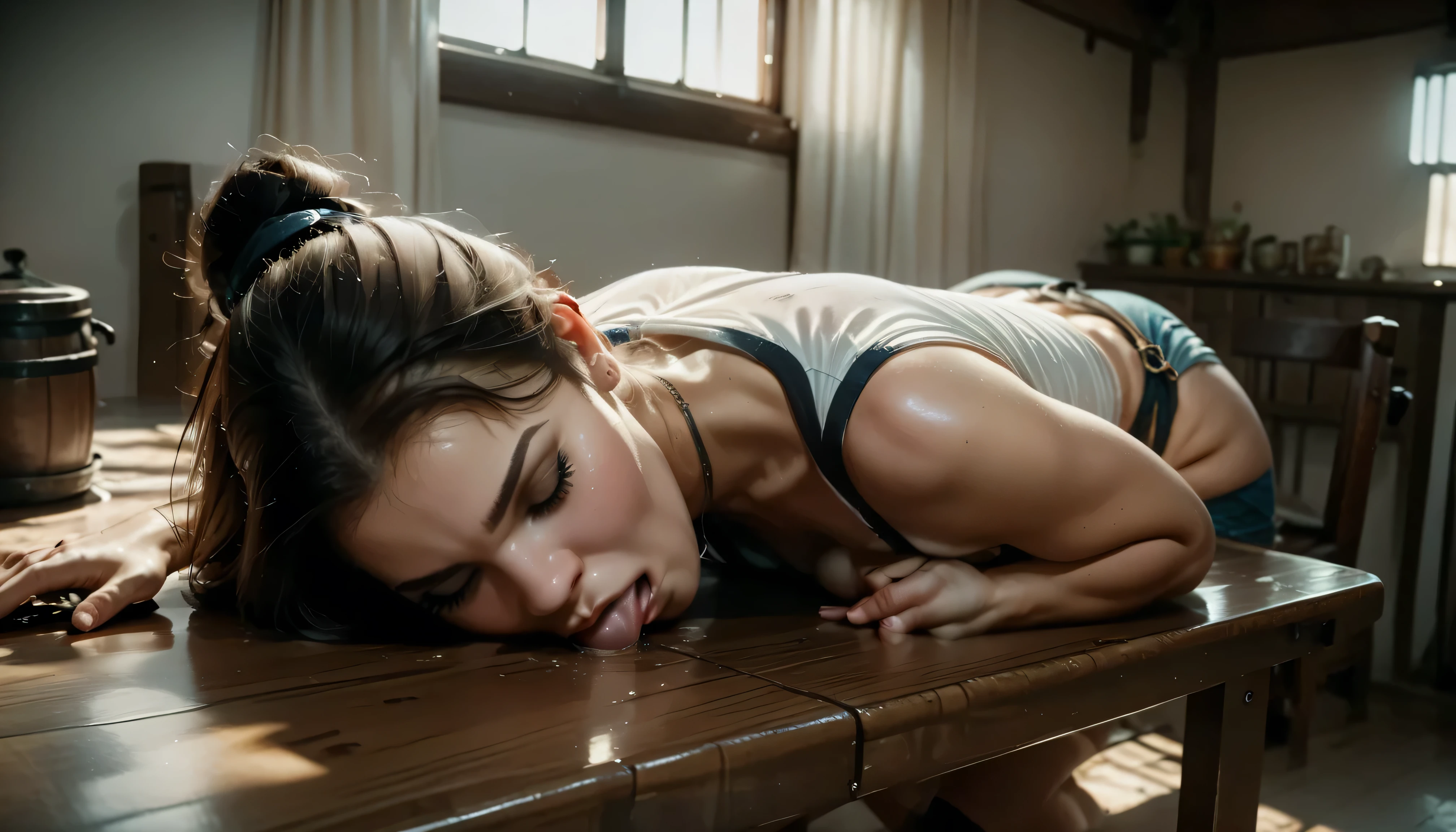 She is laying on table at cellar.She is forcibly fucked and forced to give blowjob.