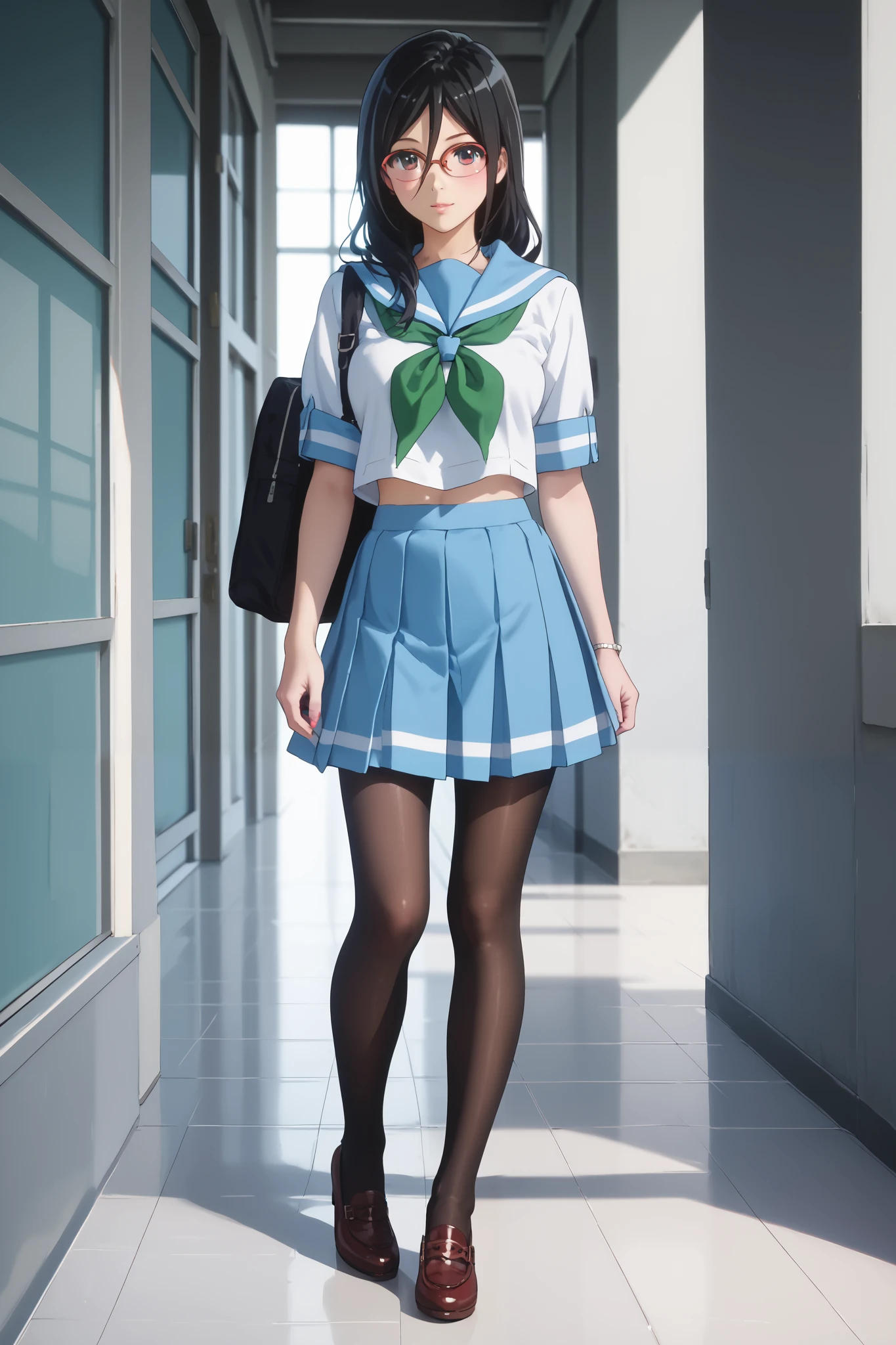 (inspired by Asuka Tanaka ),((inspired by Japanese school girl))(masterpiece, best quality),beautiful, ultra realistic, beautiful-woman, ((detailed face)).(full body:1.3)., The woman is wearing school uniform and black pantyhose,she is wearing a light-blue sailor-school-uniform with a green neckerchief and a light-blue skirt, sailor collar,half sleeves,(red-framed glasses:1.2), black hair,