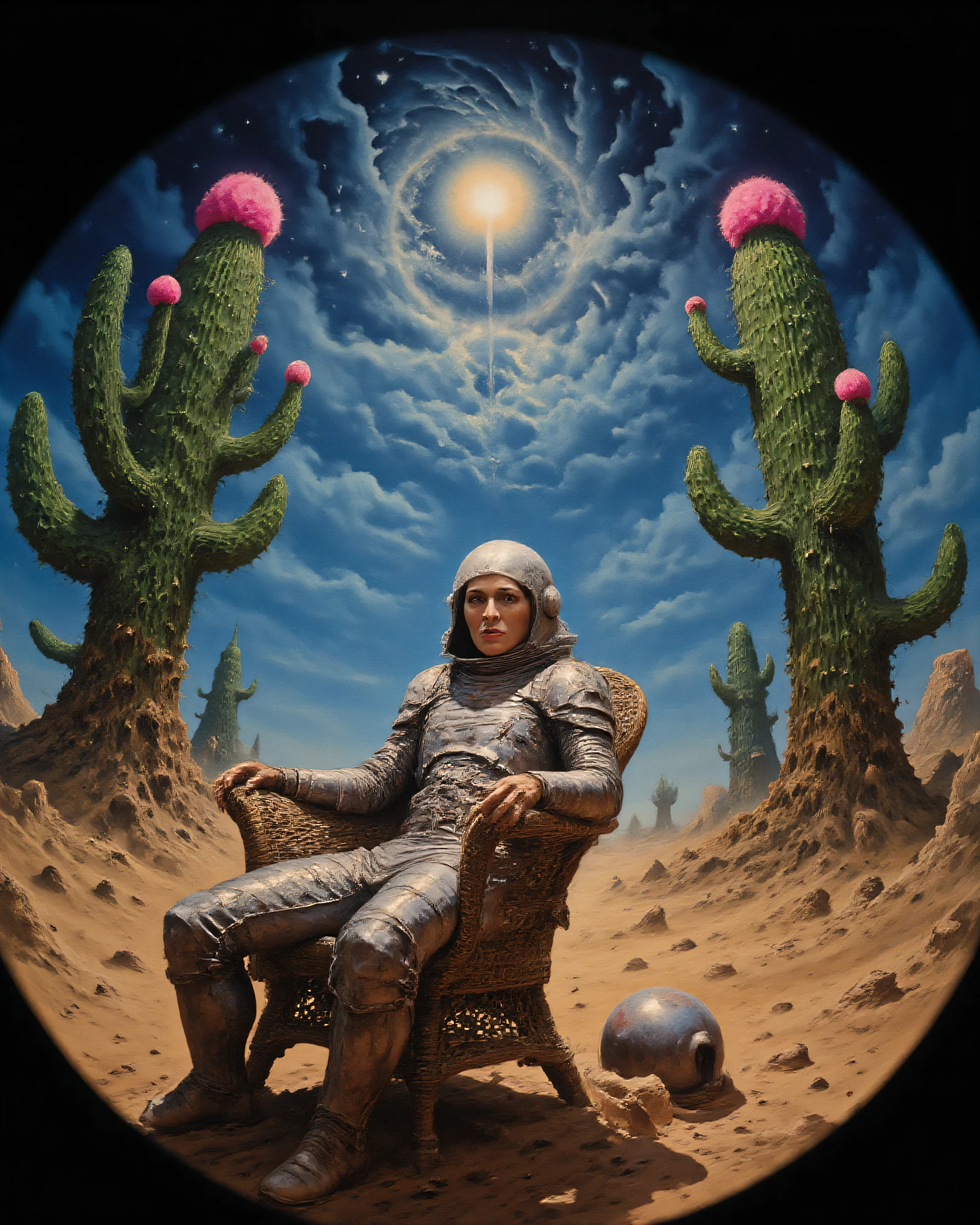 Woman astronaut suit old rusty, wicker chair desert broken mirrors fragmented distorted sky. Broken helmet giant cactus bioluminescent flowers sickly light. Style conceptual surrealism, retro science fiction, post-apocalyptic, Remedios Varo, space identity. Technique fisheye, mirror distortion, curved perspective, mixed natural bioluminescent lighting, chromatic aberration. Composition wide general shot, small astronaut center, circular mirrors, negative space loneliness. Cold contrasting color, rusty silver suit, blue gray fragmented sky, neon green magenta flowers. Atmosphere disconnection spatial alienation, fragility, withered technological beauty, cosmic mystery. Detail mirrors reflect fragmented sky, grafted cactus helmet, bioluminescent light colorful shadows.
