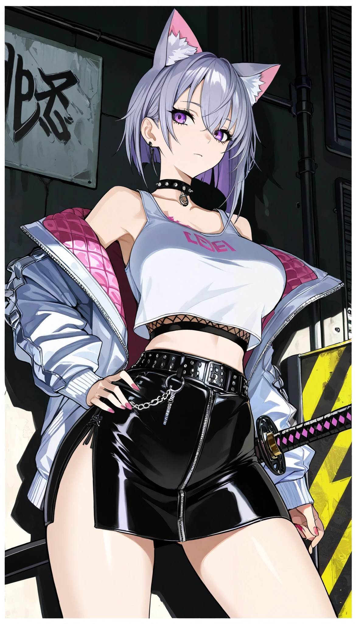 (best quality, highest quality:1.2), masterpiece, top quality, ultra high definition, rich contrasts, HD,8k, High Definition CG Unit Wallpaper, texture , Unbelievably Absurd, ultra high definition, RAW photos ,Deep border 1 .2, very detailed, spread legs, public indecency, back alley, weapon, katana, waist holding katana:1.5, perfect katana,
(girl:1.3), 1girl, solo, purple silver middle hair, cat ears, purple eye, White crop top, put on a off shoulder black open hoodie, black slit skirt, leather belt, katana, cyber punk, dim body, curvy, no curves, narrow hips, Expressionless,